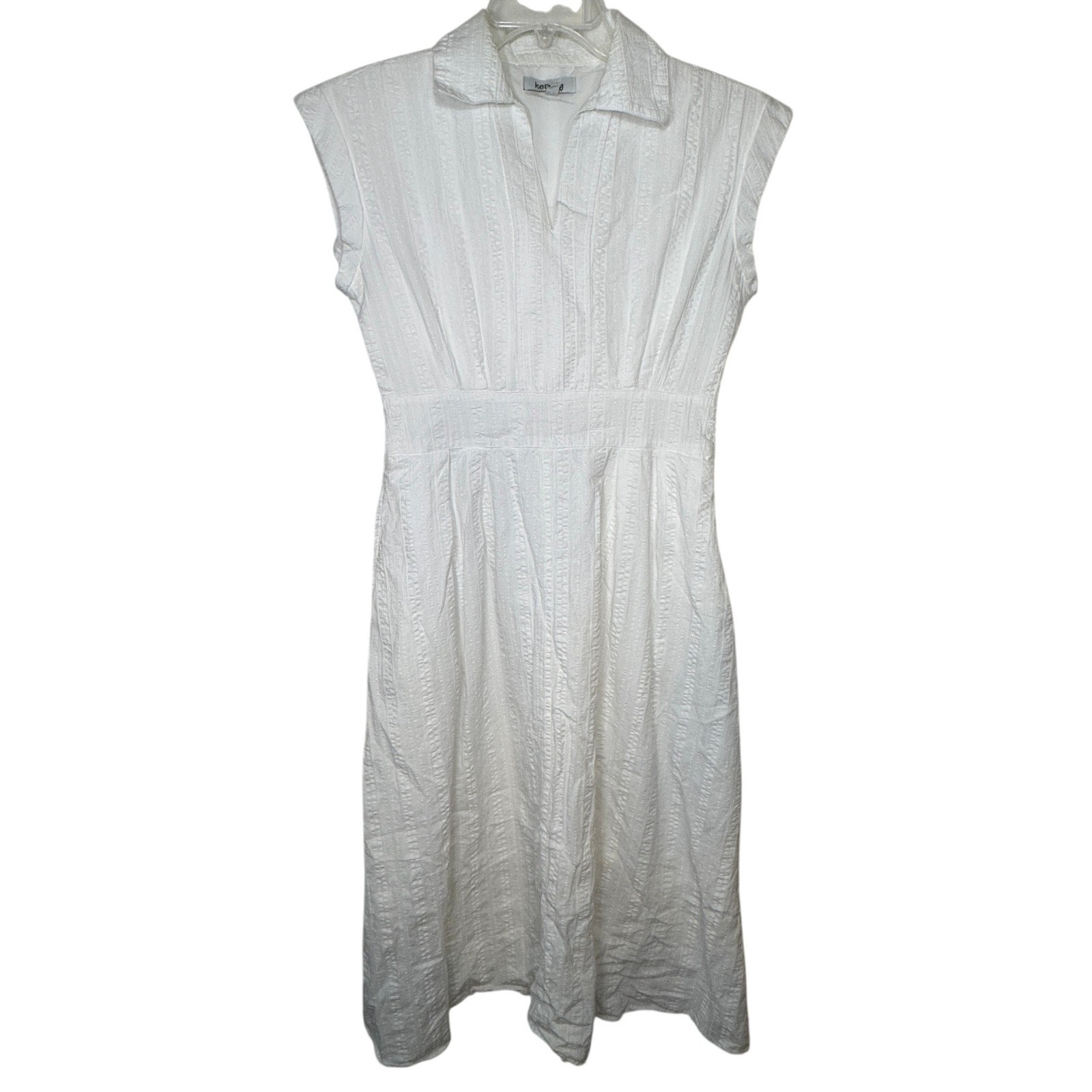 Kensie White Cotton Midi Dress Womens 6 Sleeveless Collared Seersucker Lined