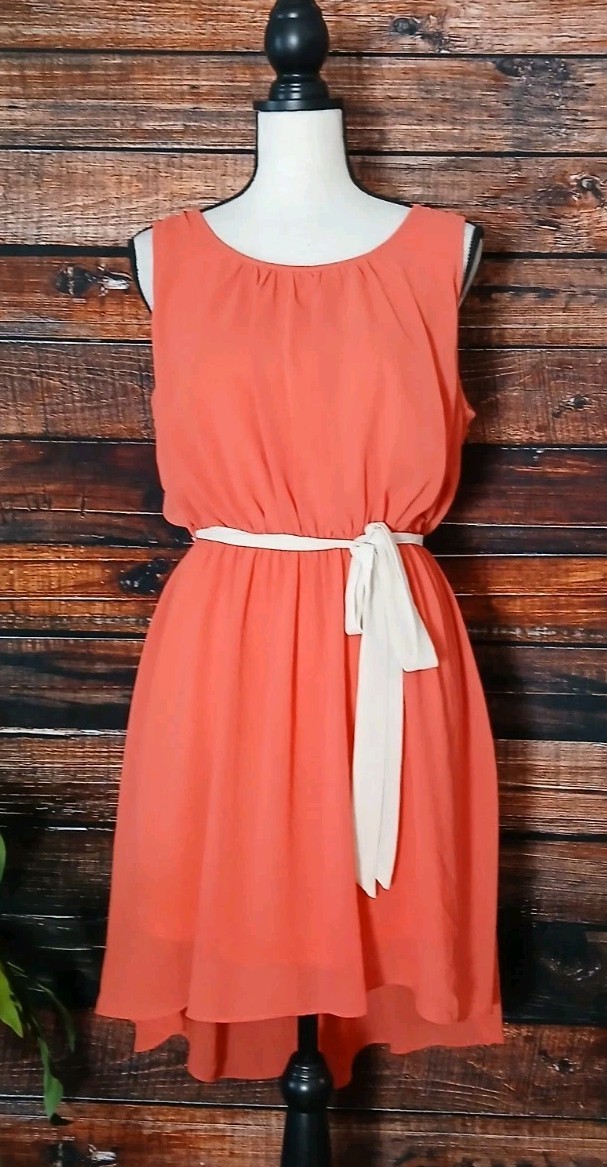 Double Zero Dress Large Belted Elastic Waist Flowy Sheer Lined Hi Low Keyhole