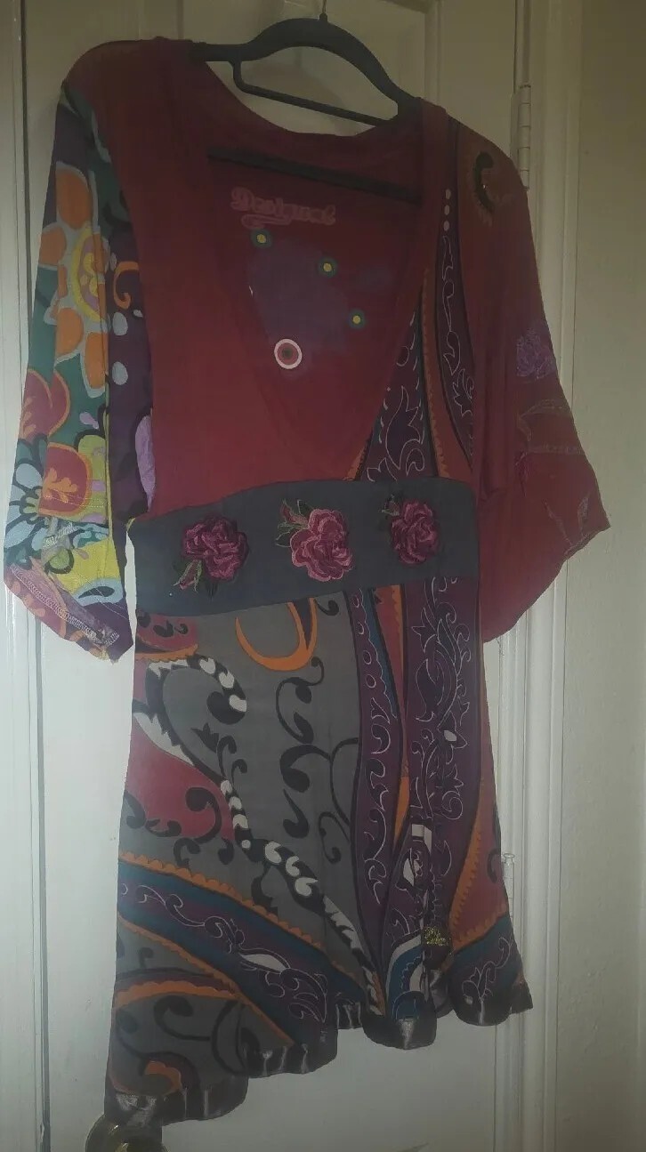 Desigual Size A-Line Plunge Batwing Vintage Gypsy Boho Hippy Midi Dress M/L
