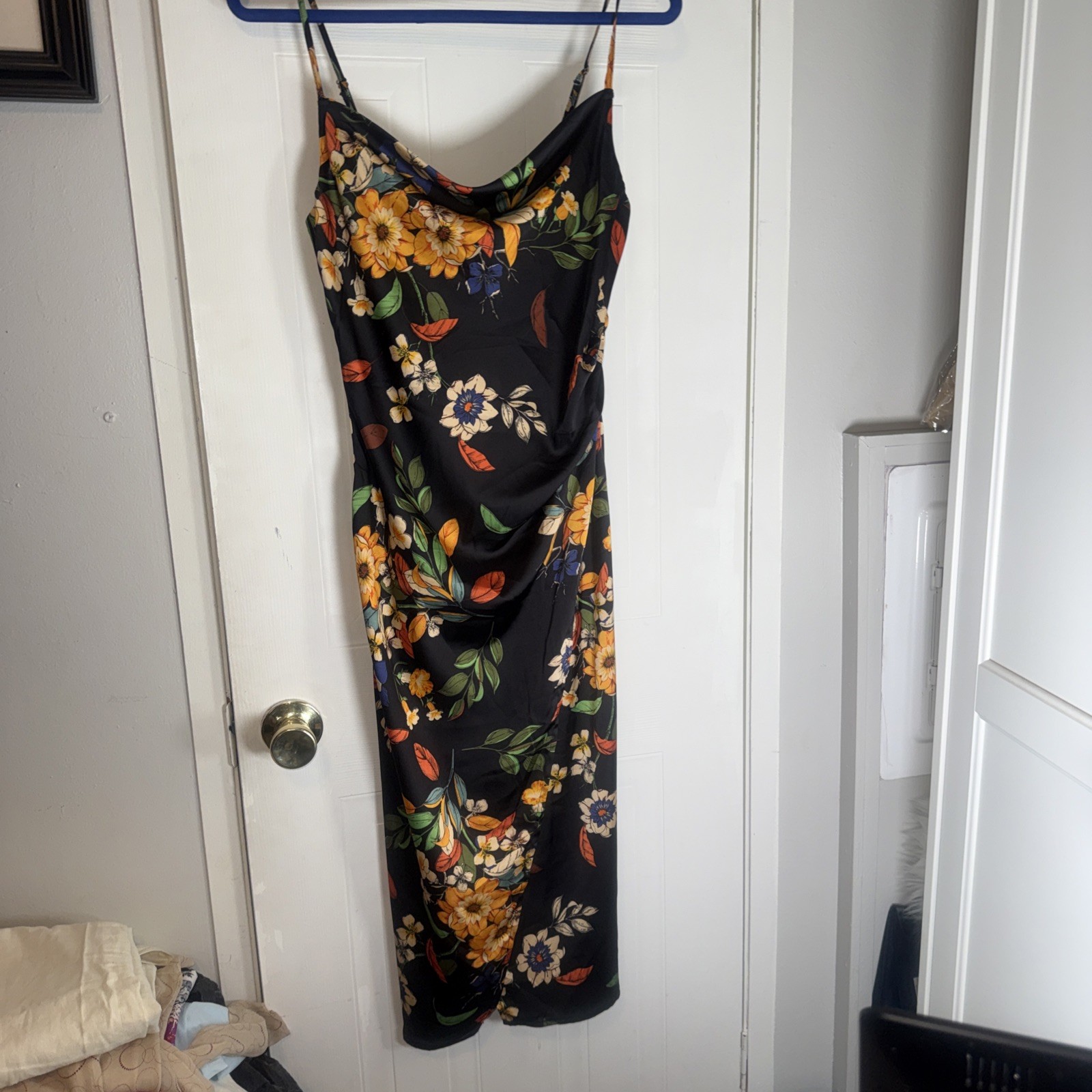 Pookie And Sebastian black floral Cowl Neck Midi Slit Dress S