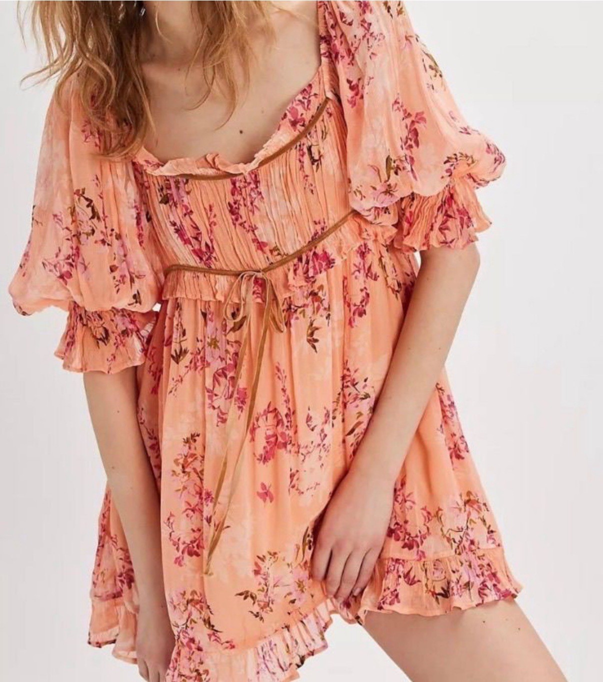 Free People Marney Mini Dress Peach Floral Boho Babydoll Sz L