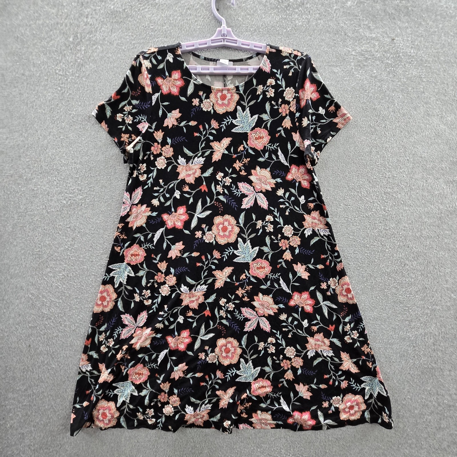 Old Navy Women Dress L Black Floral Swing Short Sleeve Garden Party