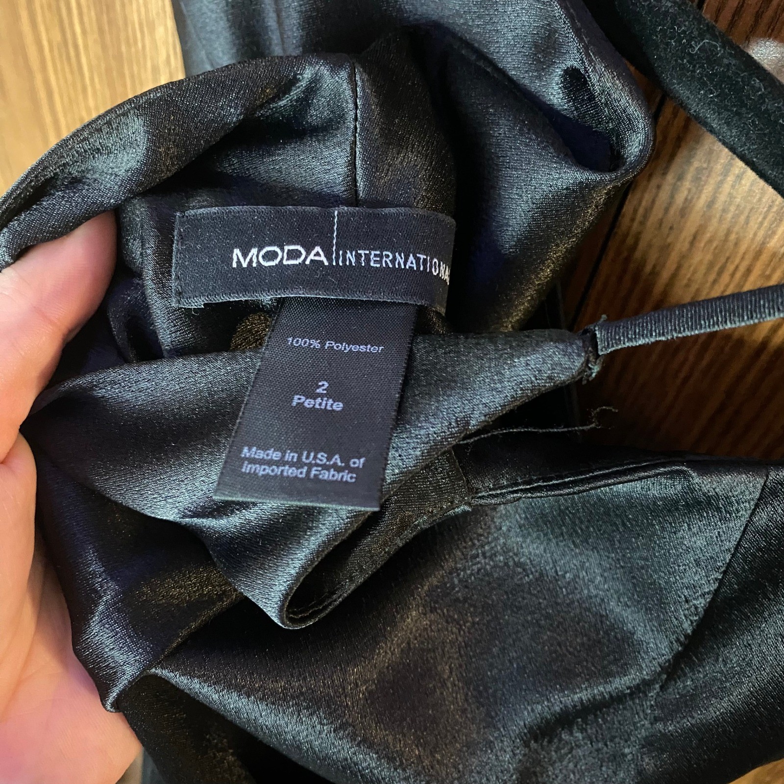 Moda International Maxi Dress Womens 2 Petite Black Satin V-Neck Spaghetti Strap