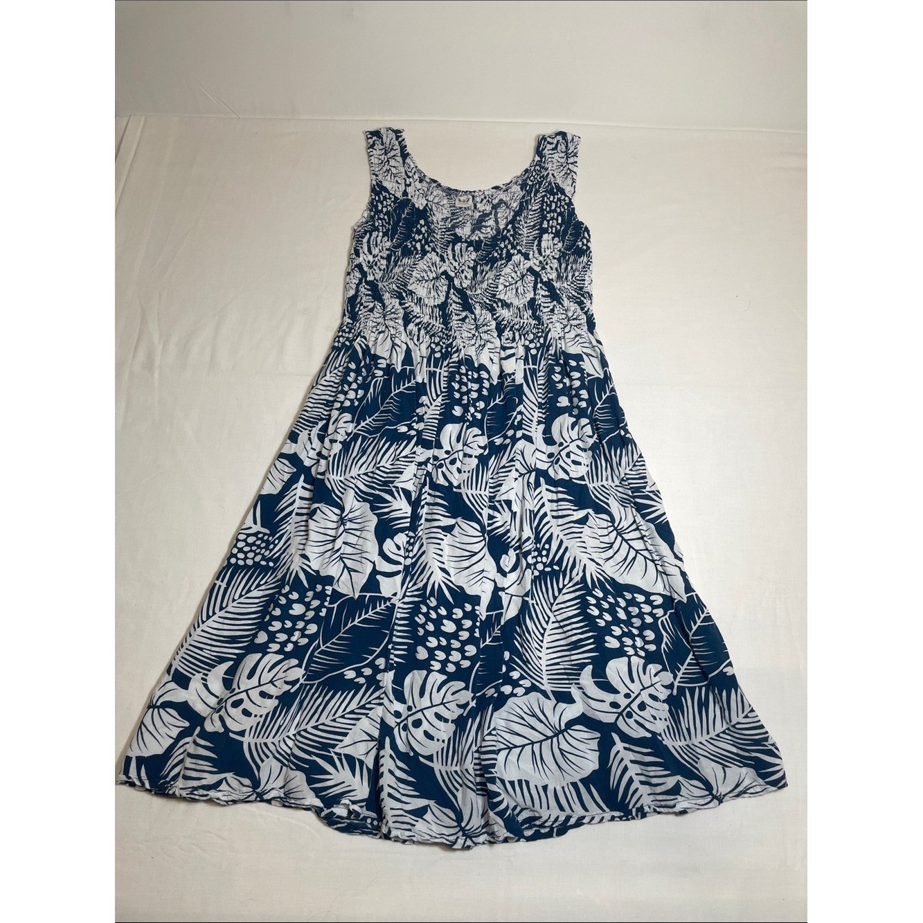 Navy & White Tropical Midi Dress with Smocked Bodice