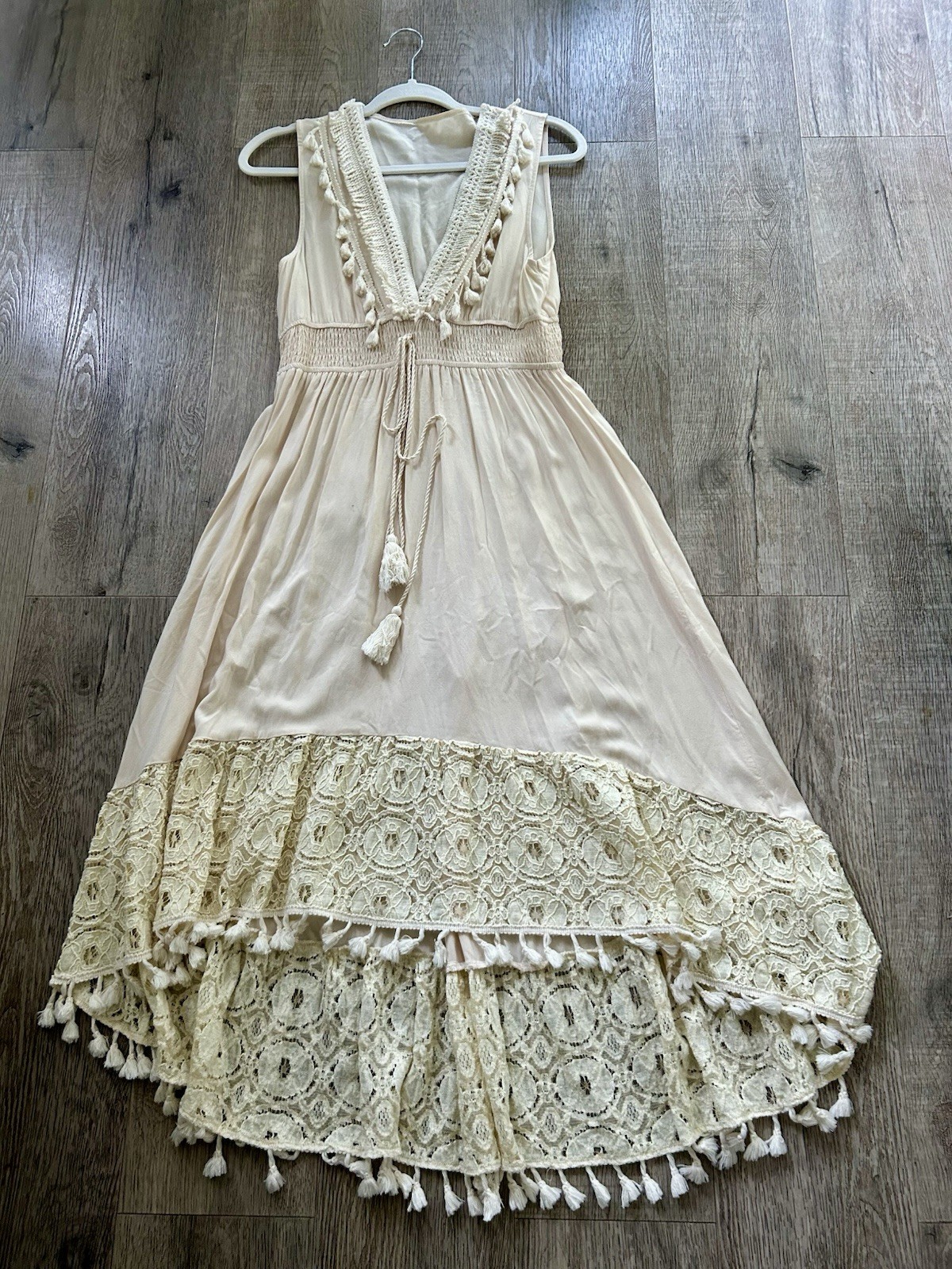 Vintage Bohemian Crochet Lace Fringe Midi Festival Dress Size L