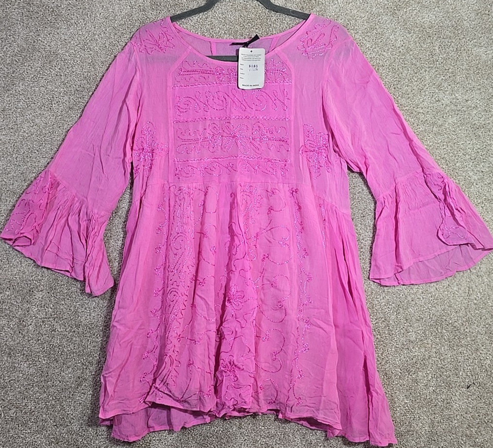 S.R. Fashions Boho Mini Tunic Dress Lightweight Embroidered Flowing Women L NWT