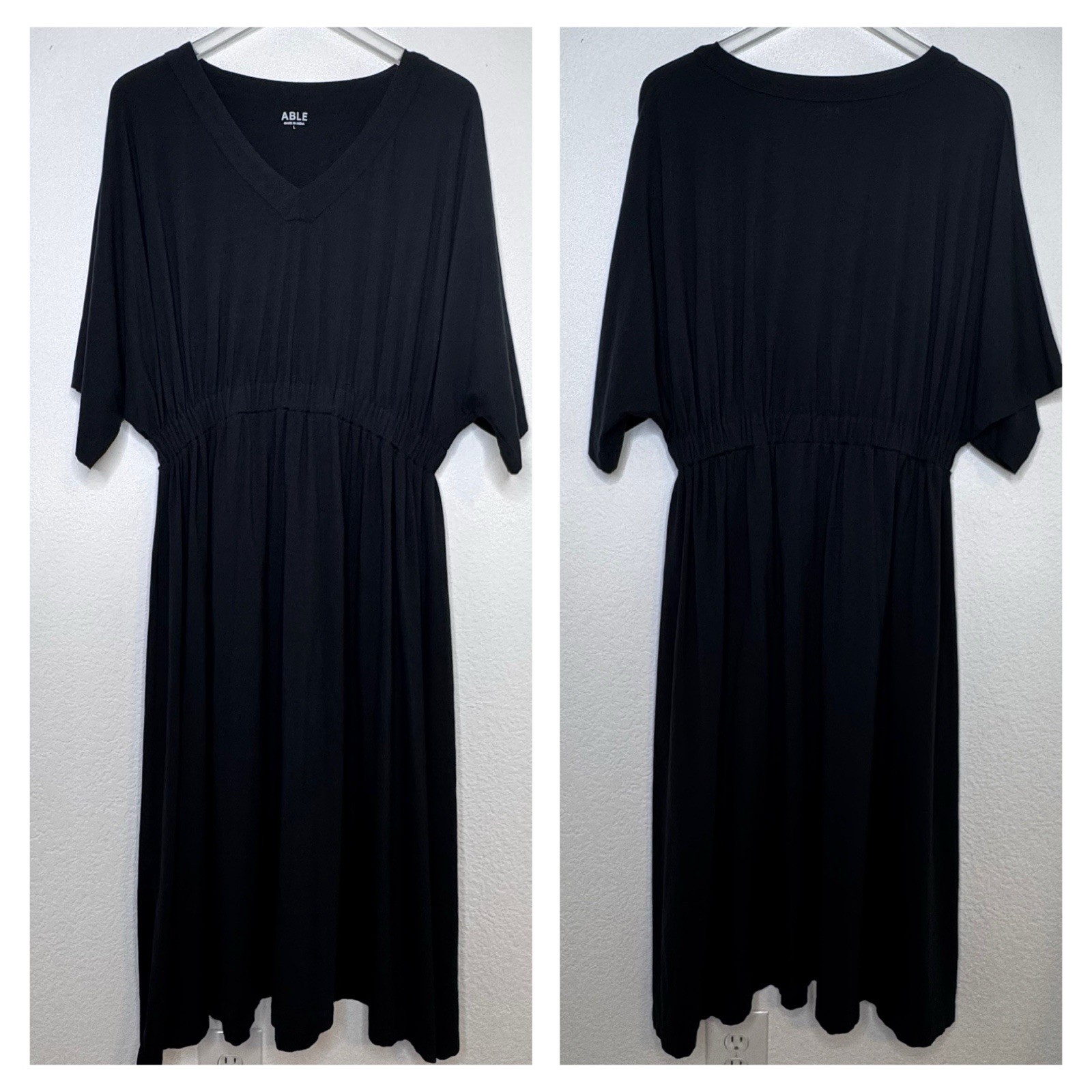 ABLE Womens Nina Dolman Midi Dress Size L Black Cotton Modal Stretch Minimalist