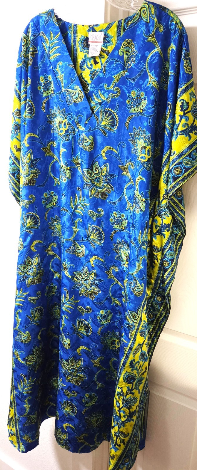 Simply Basic OSFM Caftan Blue Yellow-Green Floral Poly Opposite Color Panels