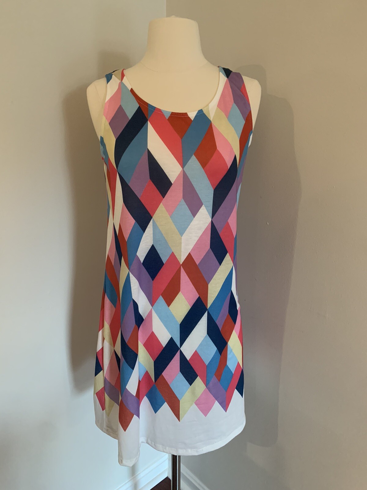 NWT Wanna B Sleeveless Dress Sz S Geometric Multi Color Shift Pink Blue Purple