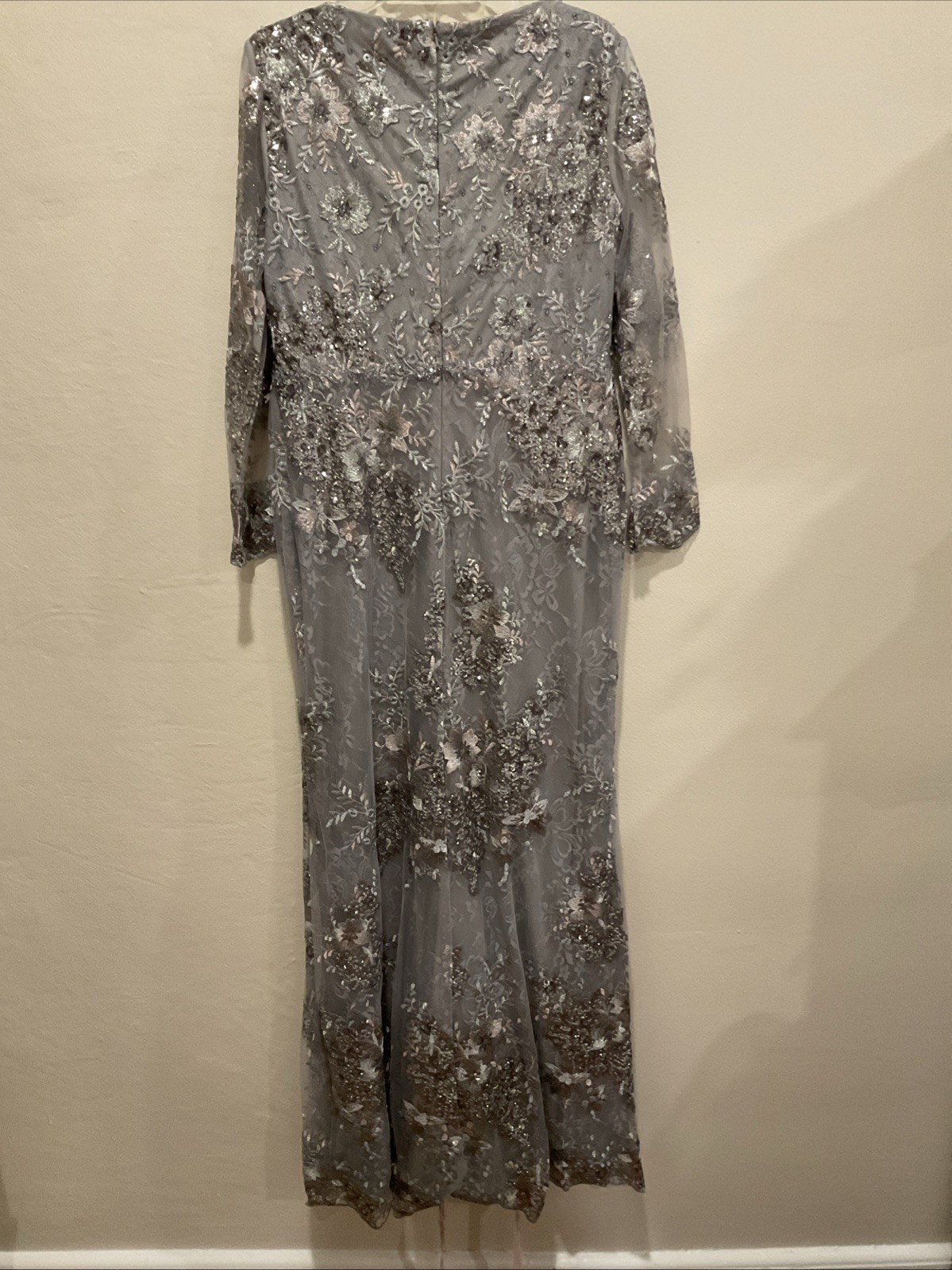 Mac Duggal 67539 Sz 12 Platinum Gray Floral Embroidered Embellished Gown $698