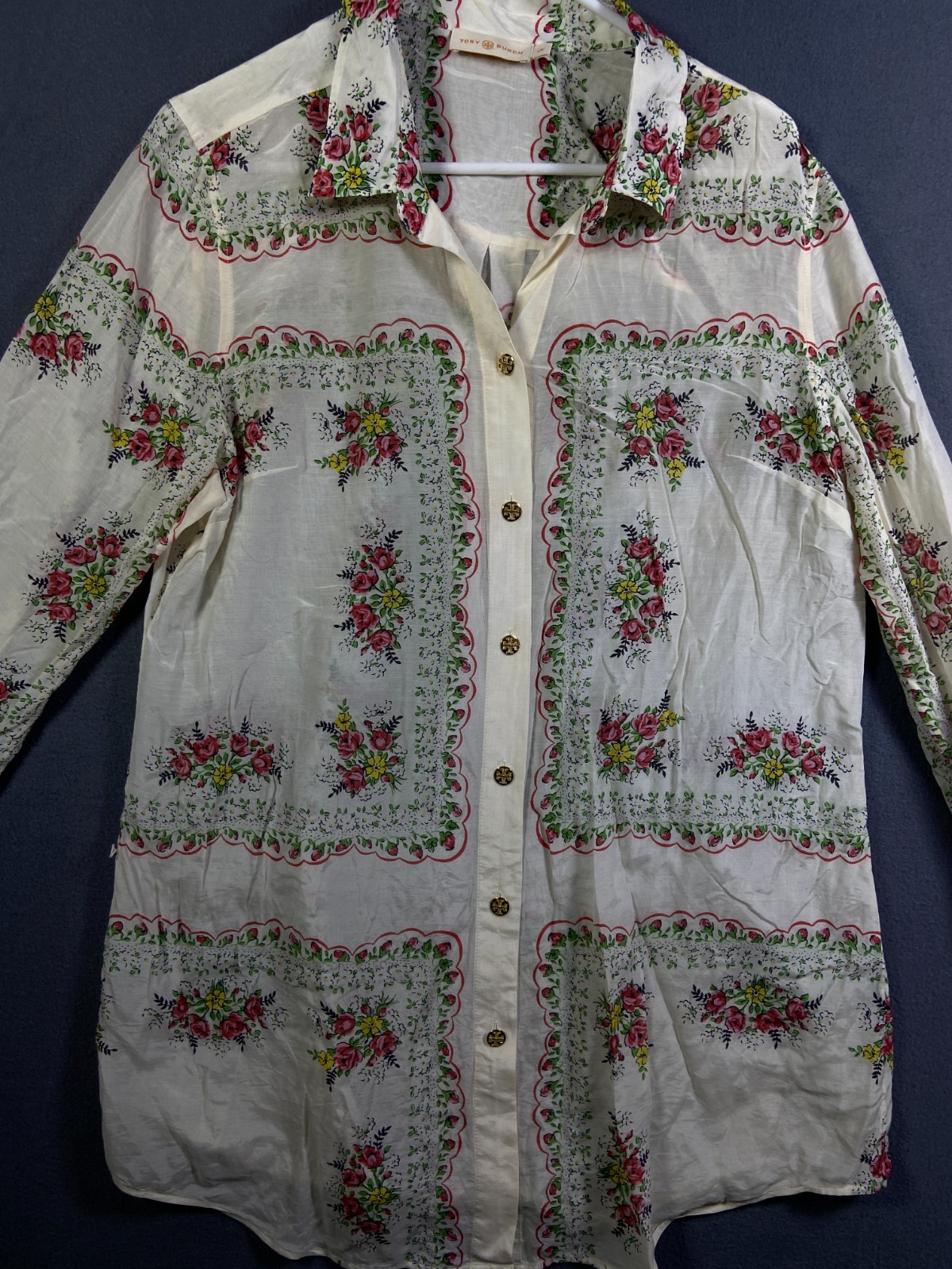Summer Perfect TORY BURCH Cora Floral LS Silk Shirtdress Garden Veil Large Tunic