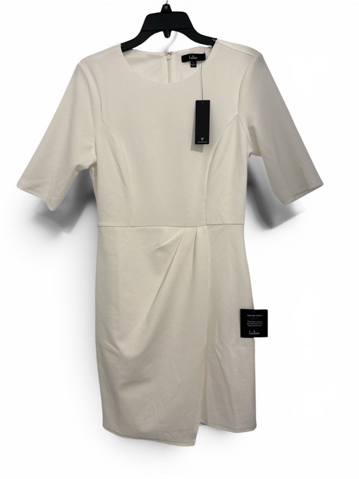 Lulus White Solid Sheath Dress Round Neck Half Sleeve Pleated Knee Length L