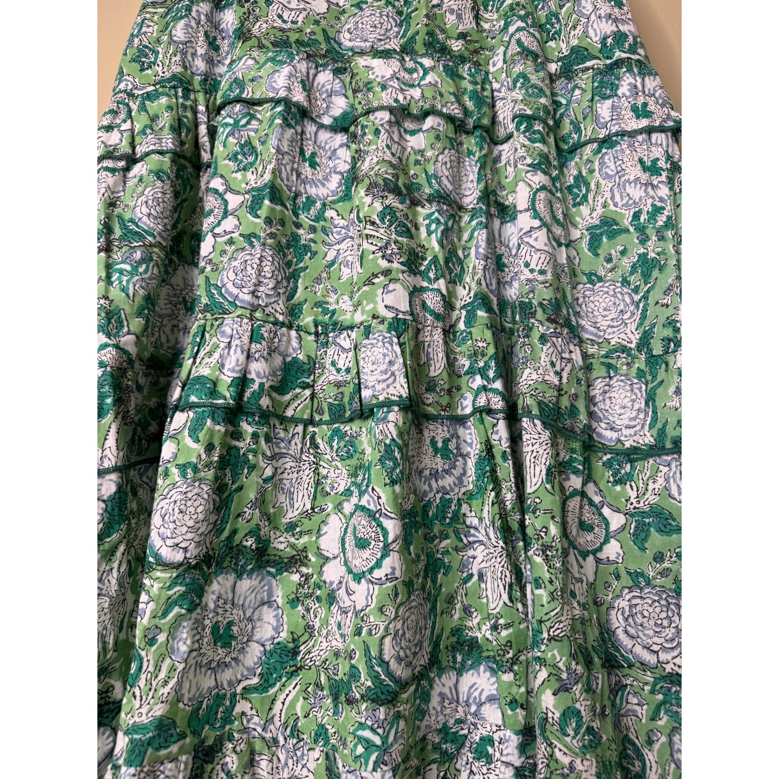 Stark X Green Floral Block Print Tiered Mini Dress Tie Shoulder Boho Summer
