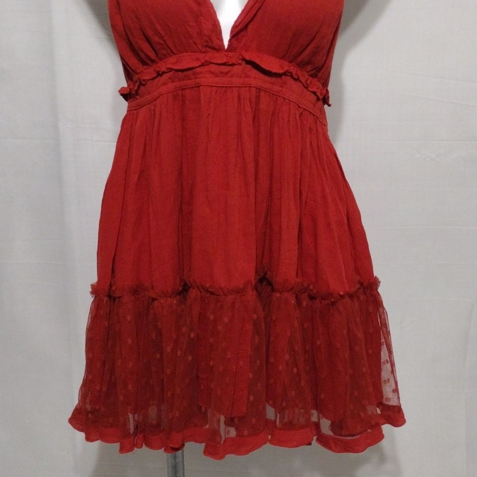 Bohemian Halter Neck Plunge VNeck Open Back Tiered Mini Dress Medium Chic Trendy