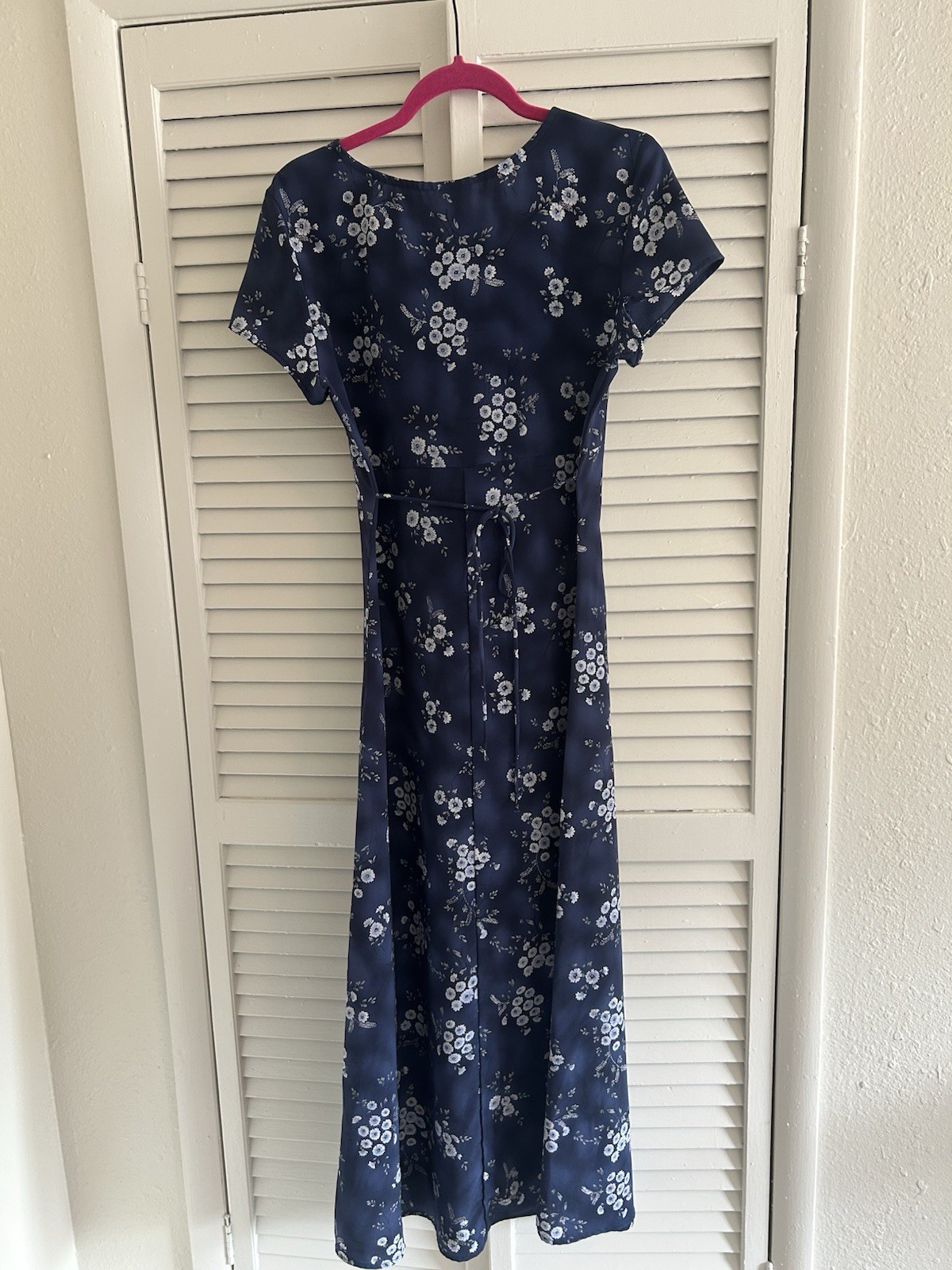 Vintage Jody California Blue Floral Maxi Dress M Tie Waist Cap Sleeve