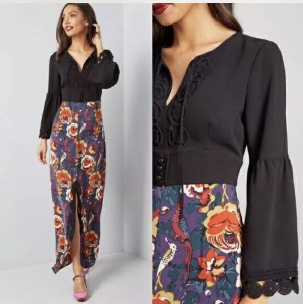 Anna Sui Modcloth Retro Floral Birds Print Midi Maxi Dress Size 10