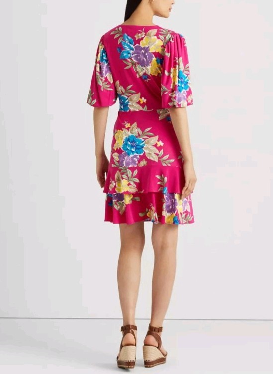 NWT! Lauren Ralph Lauren Pink Floral Jersey Wrap Dress Short Sleeve Ruffle 10P