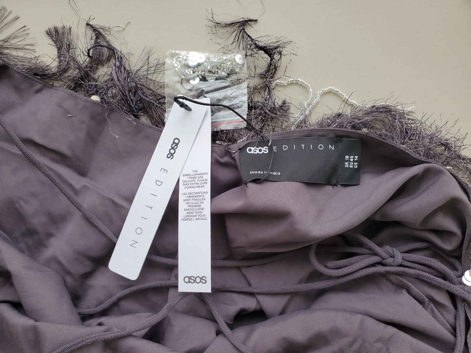 ASOS Edition Sequin and Feather Mini Dress midnight Grey US14 NEW