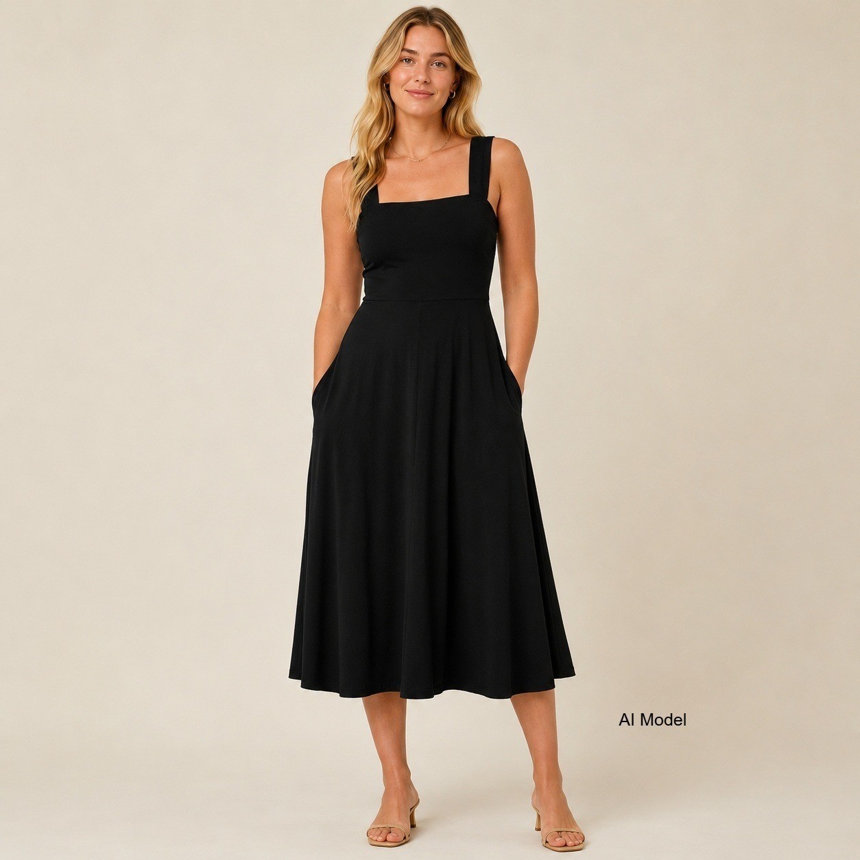 Reformation Jeans Black Tencel Midi Dress Large Square Neck Pockets Sleeveless
