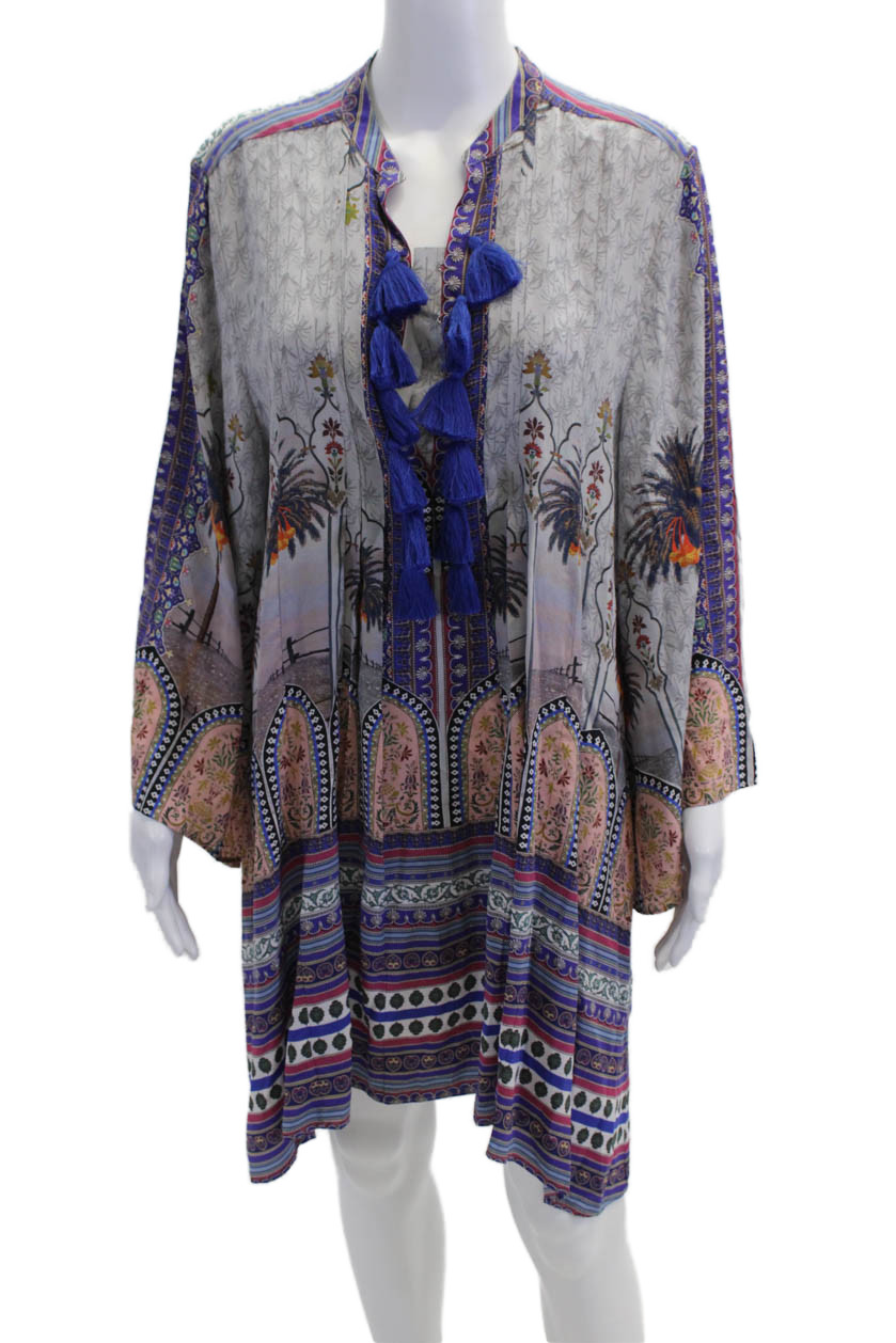 Moda Baronessa Womens 3/4 Sleeve Silk Printed Sardinia Dress Gray Size Large