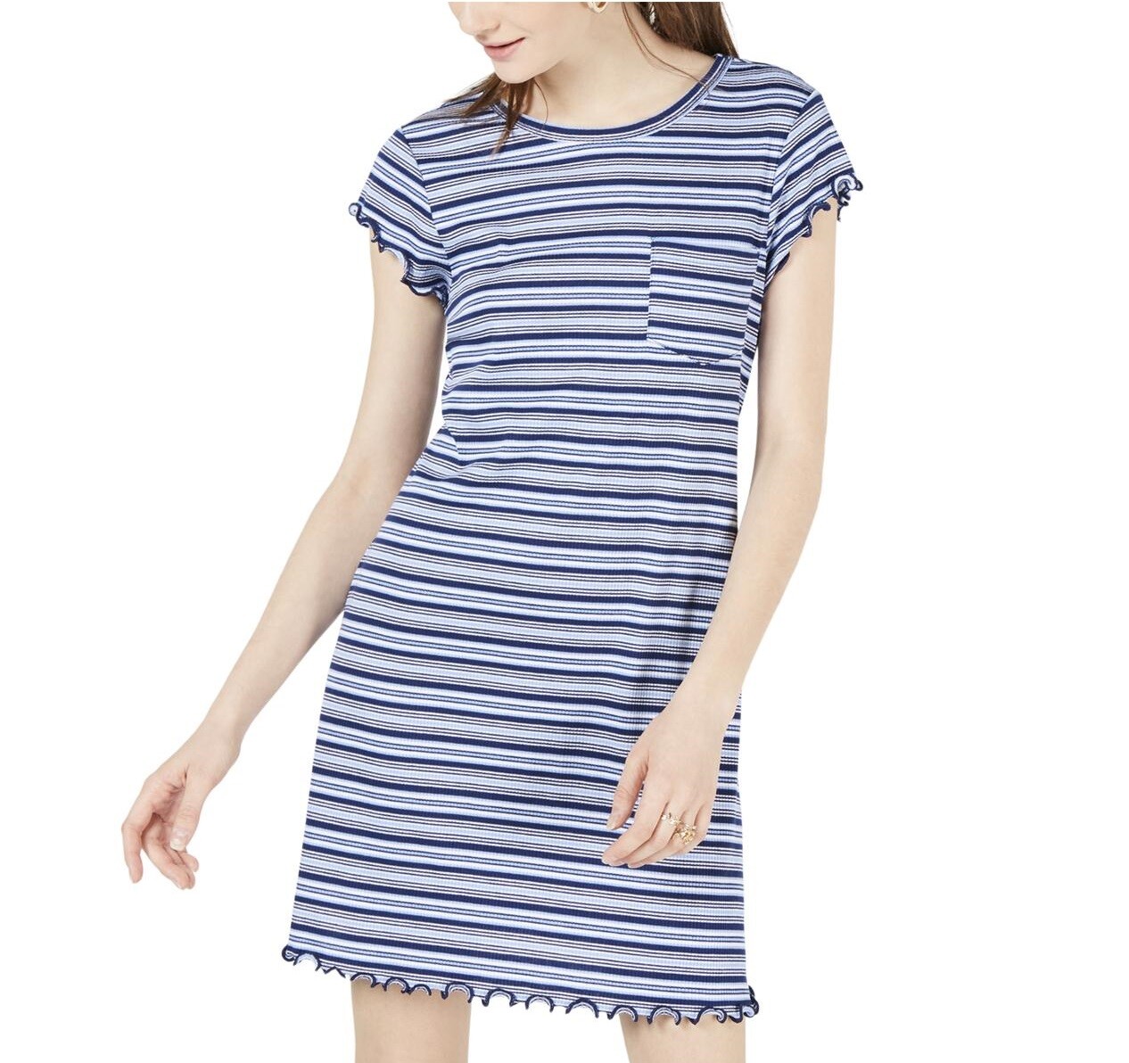 Ultra Flirt Junior Women M Blue Striped Pocket Ribbed Ruffle Hem Mini Dress NWT