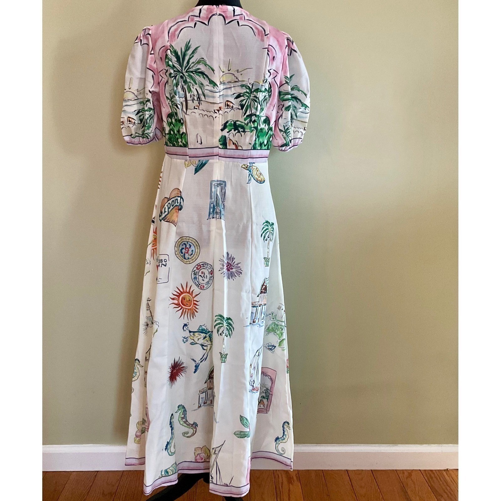NWOT Tropical Print Puff Sleeve Maxi Dress Summer Resort Wear Boho Vintage Sz M