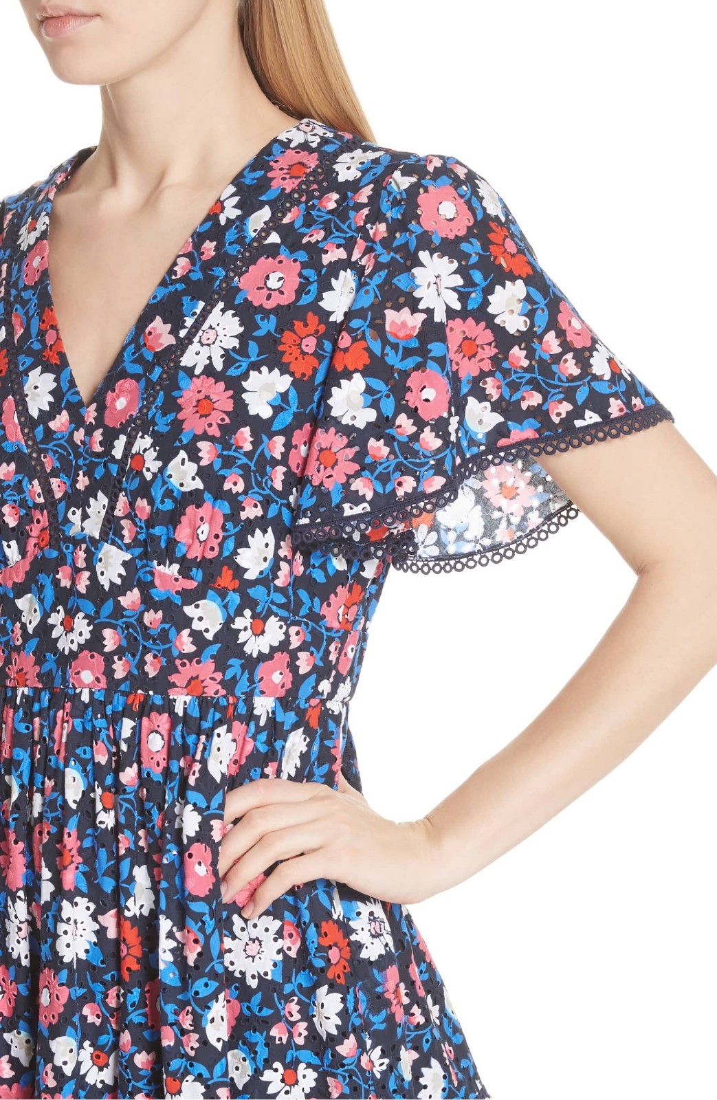 KATE SPADE Navy Pink White Floral Daisy Eyelet Embroidered Fit Flare Dress 6 = S