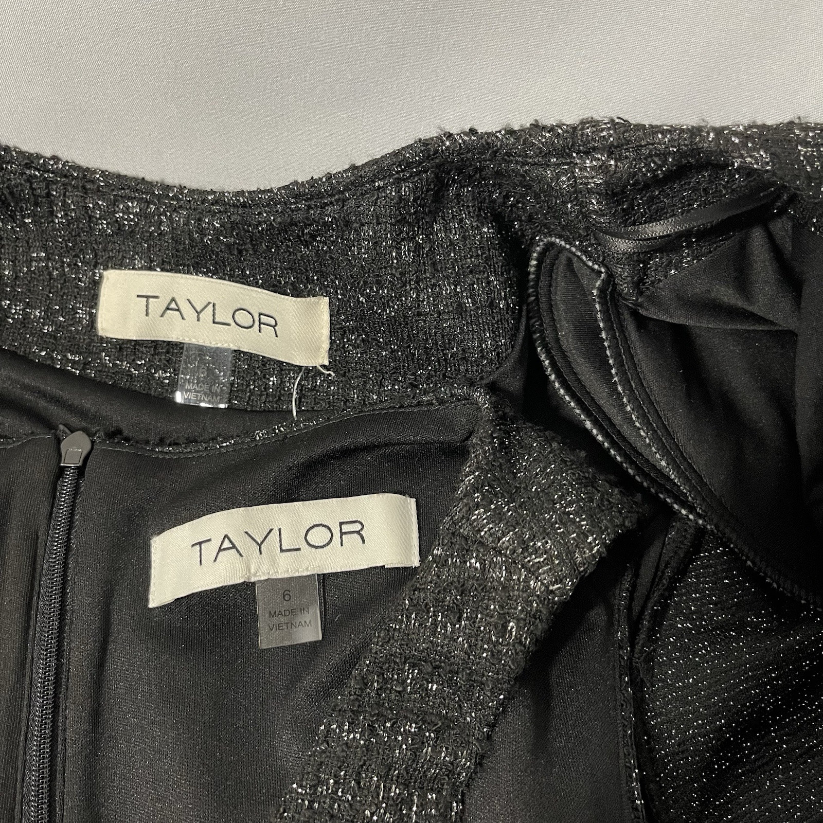Taylor 2Pc Jacket/Shift Dress Set Size 6 Black Metallic Tweed Flounce Hem Money