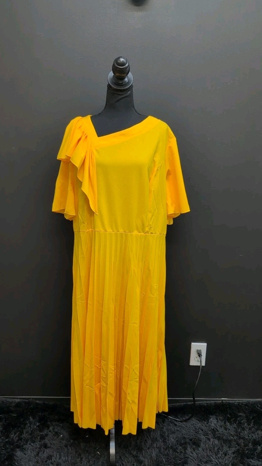 Aomei Asymmetrical Neck Ruffle Short Sleeve Women’s Pleated Dress XL Yellow