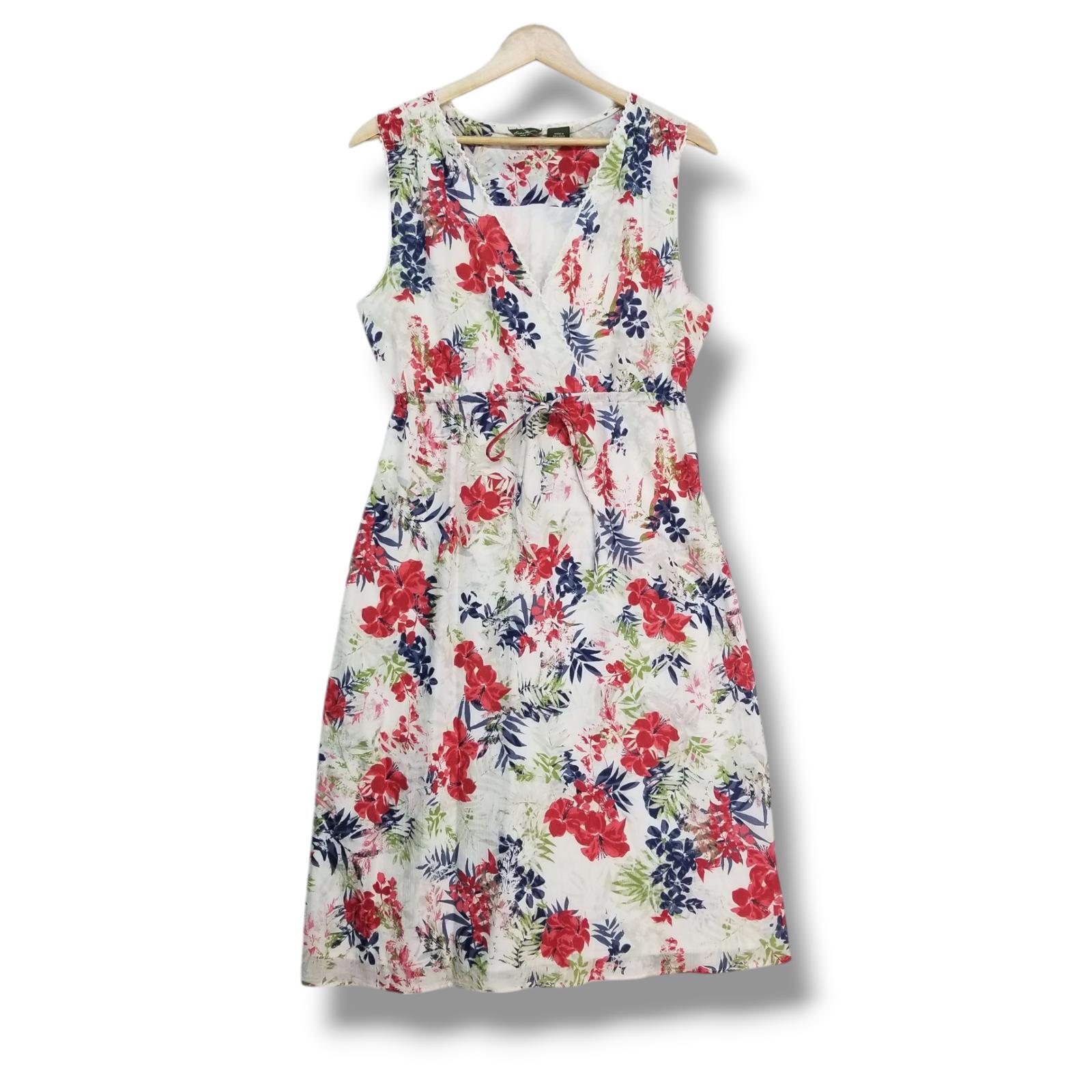 Eddie Bauer Sleeveless Dress Womens 8 White Red Blue Green Floral 100% Cotton