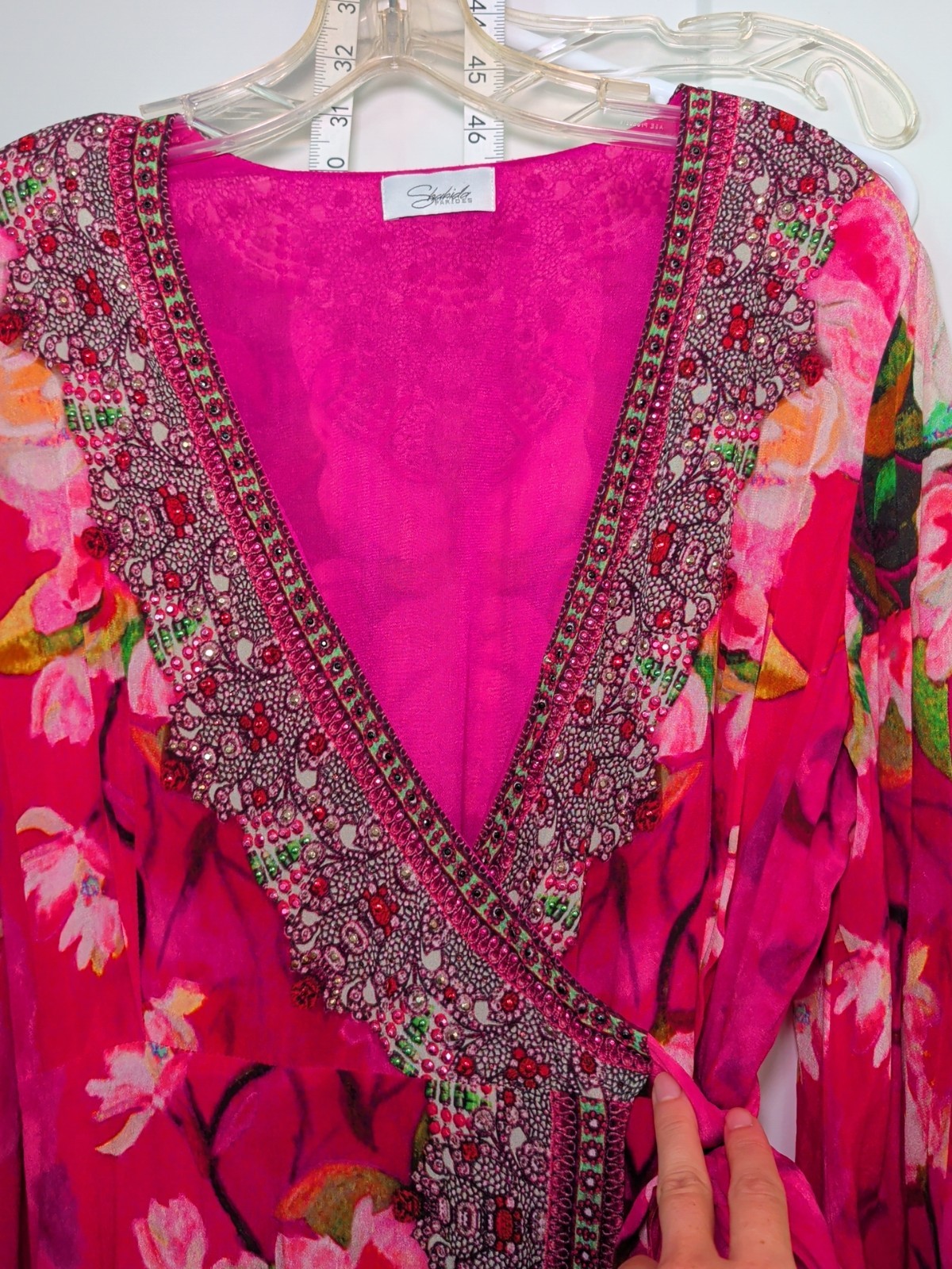 SHAHIDA PARIDES Rhinestone Beaded Wrap Maxi Dress Silk Sz M/L Floral Print Pink