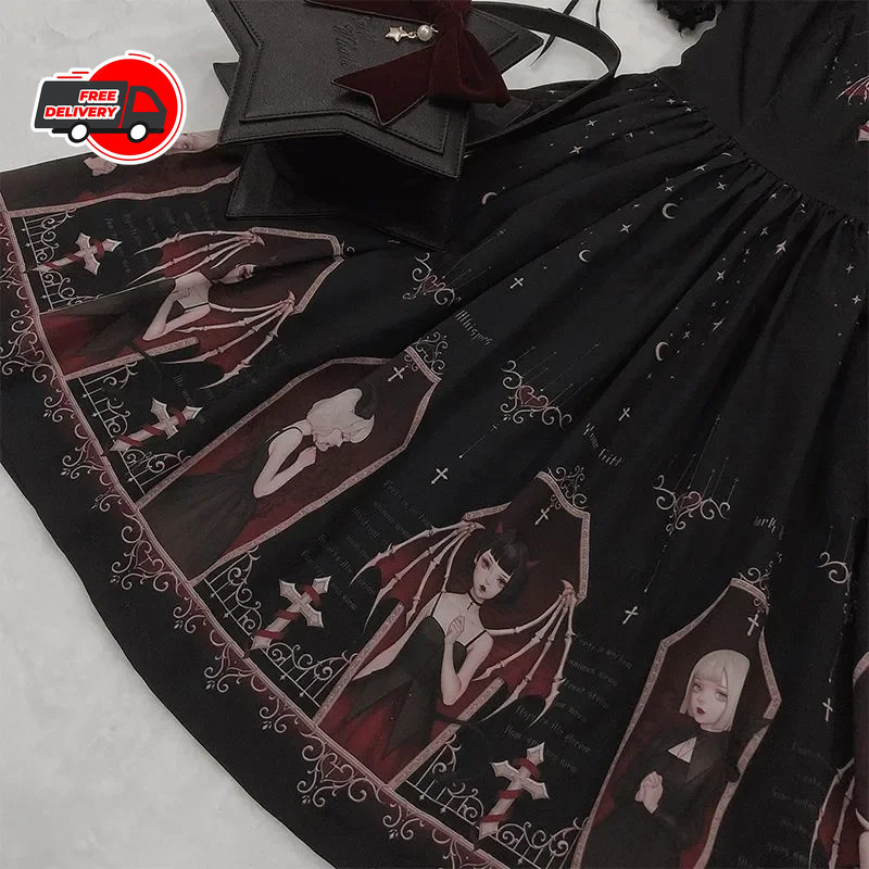 Dark Gothic Devil Print Dress Black Japanese Style Lolita Jsk Victorian