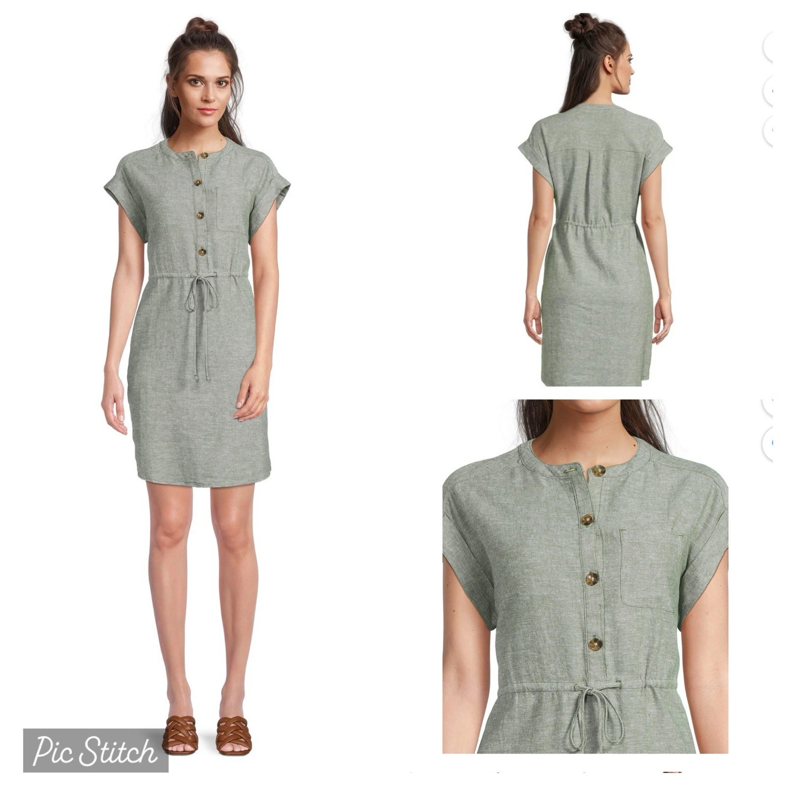 Olive Green Linen Rayon Shirt Dress Sz 8/10 Pockets String Tie Waist Quince Dupe