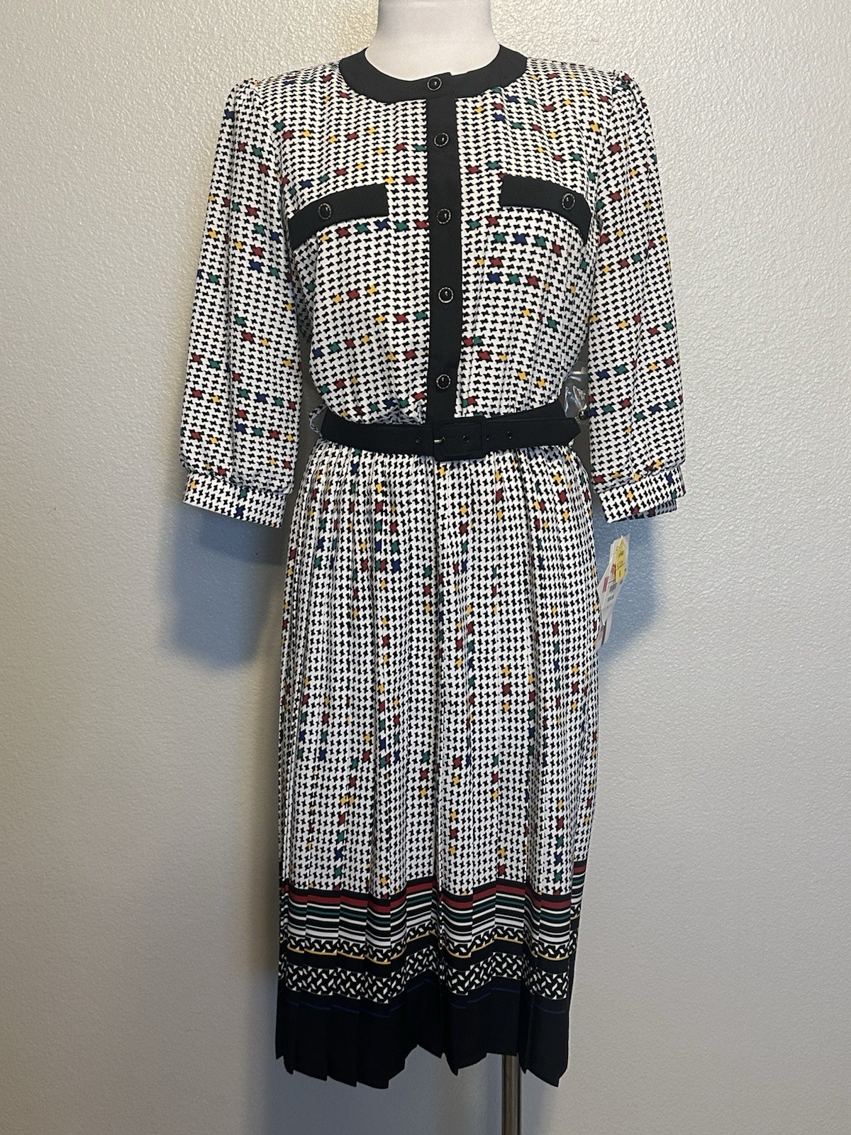 VTG Breli Originals Women Black White Houndstooth Dress Pleated Belted sz 6 NWT