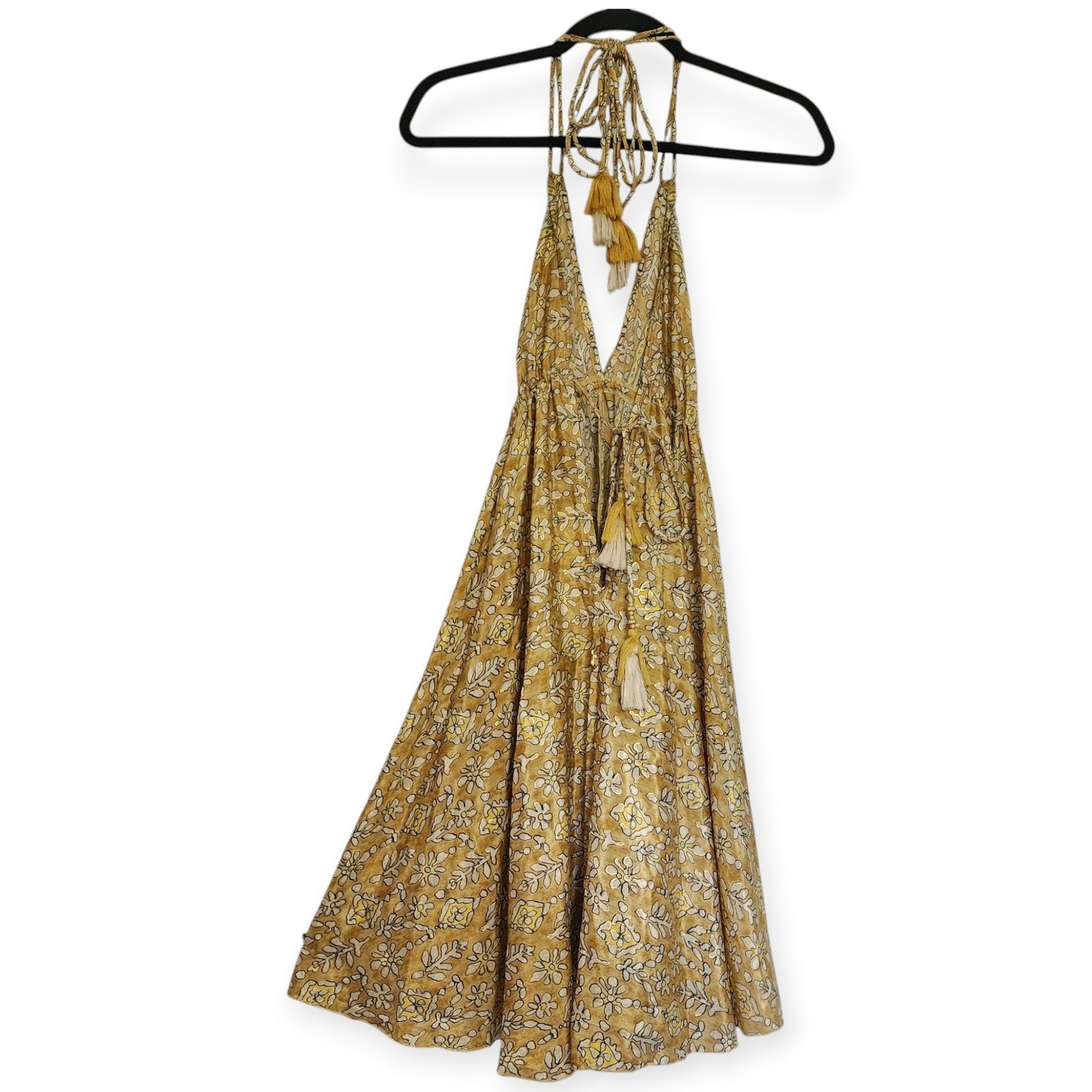 Short Yellow Gold Floral Halter Sun Dress Boho Tassel One Size