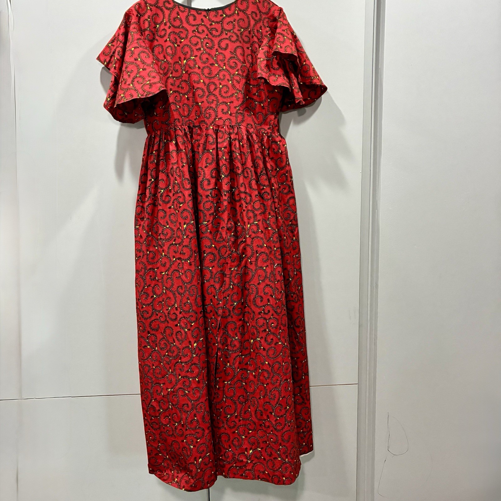Handmade Ankara African Wax Print Formal Ocassion Dress Red Flutter Sleeve XL