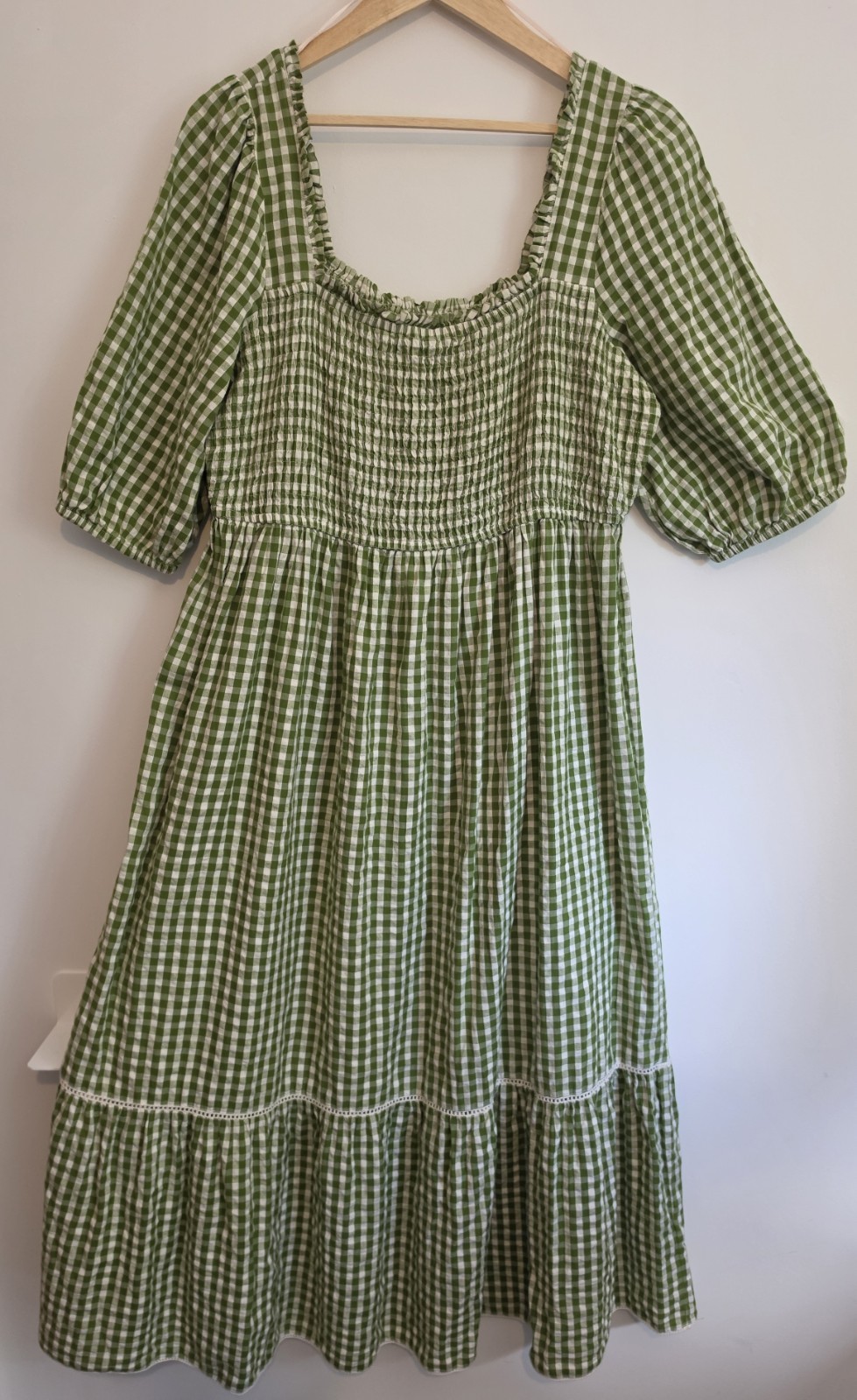 Olive Green White Gingham Cotton Smock Midi Dress UK 14 Picnics Milkmaid