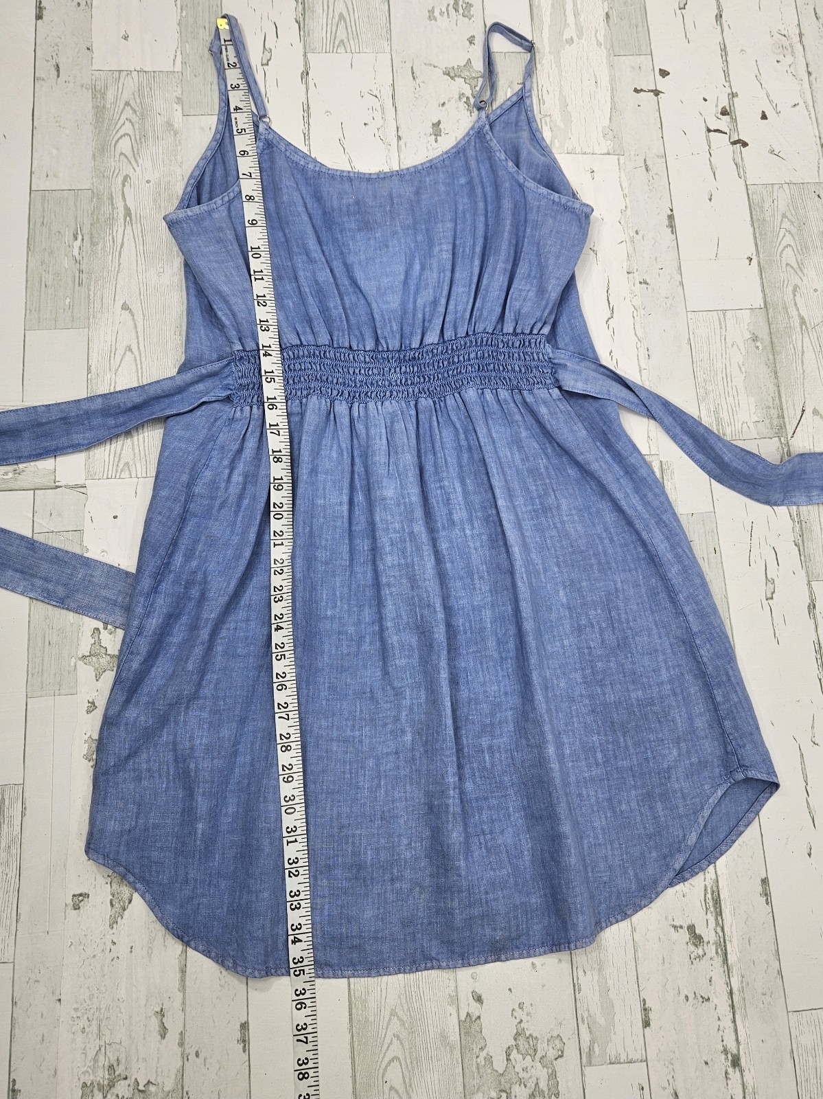 Bella Dahl Belted Smocked Back Linen Dress Womens Medium Blue