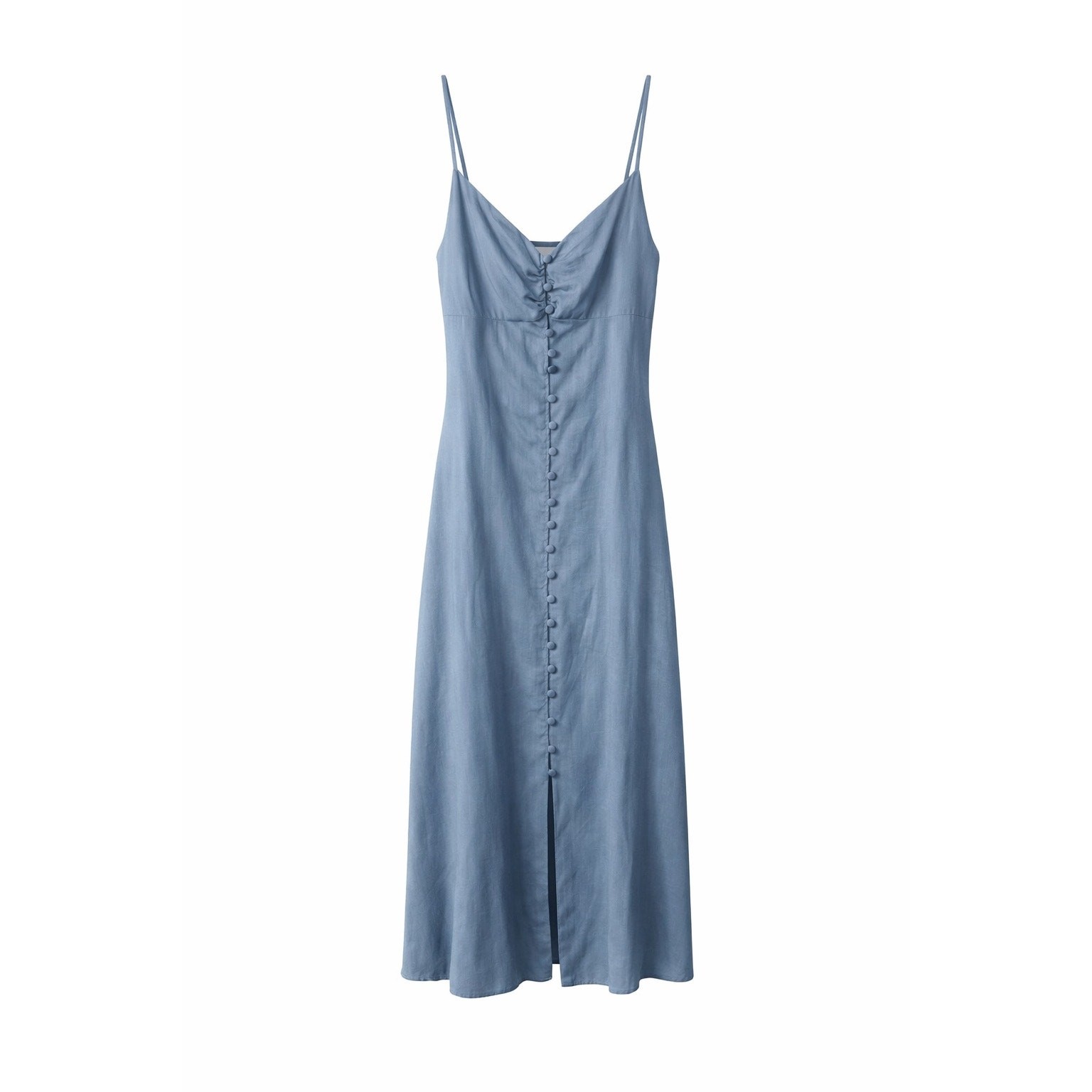 Grade & Gather Button Down Spaghetti Strap Midi Dress in Smoky Blue, S
