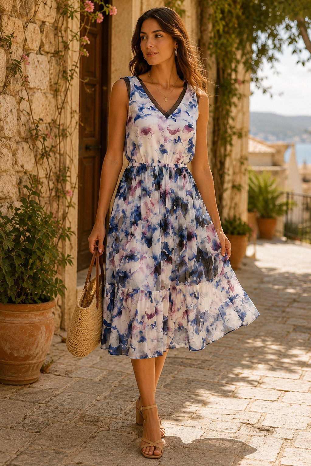 Simply Vera Vera M Abstract V-Neck Sleeveless Chiffon A-Line Midi Floral