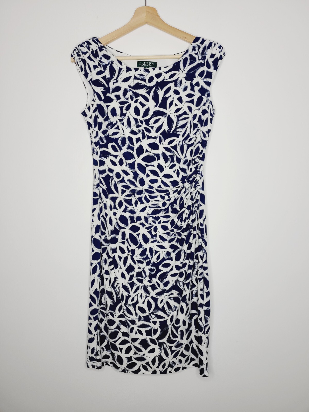 Lauren Ralph Lauren Womens Dress Blue White Print Sheath Side Rouching Size 6