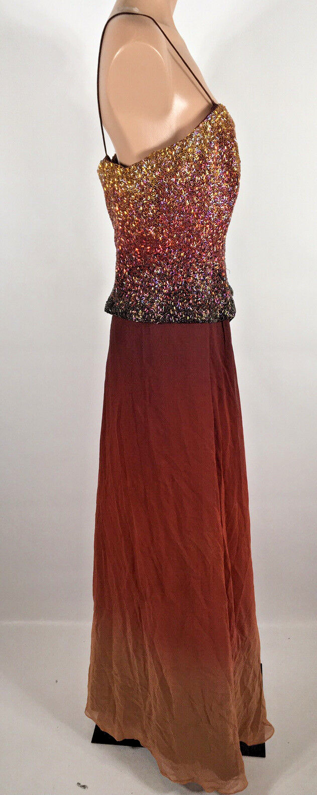 Vintage Red Pink Gold Ombre Silk Beaded Formal Evening Dress Sz 12 Chiffon Cami