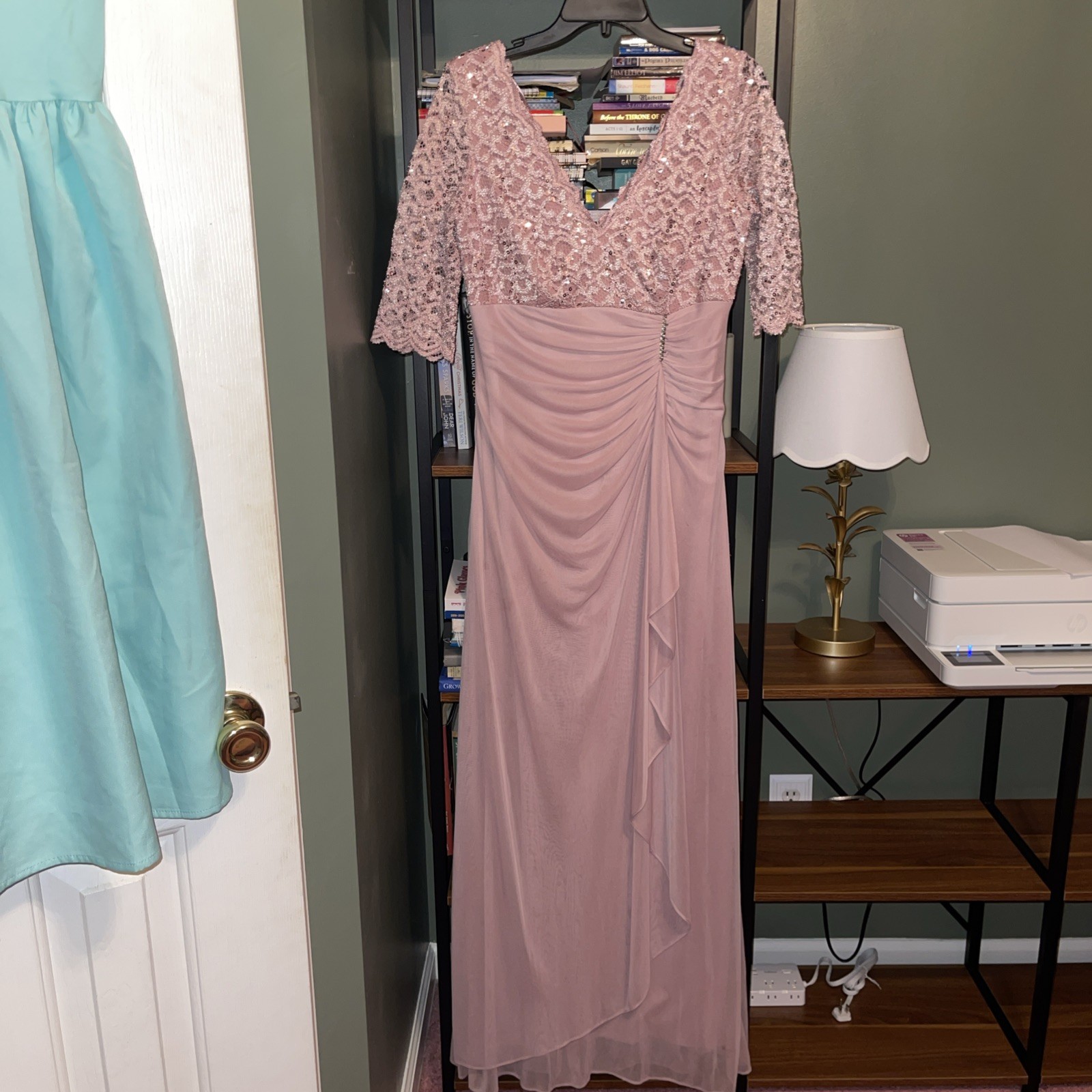 BETSY & ADAM Gown Size 10 Rose Pink Lace Top Waterfall Ruffle Rhinestone NWT