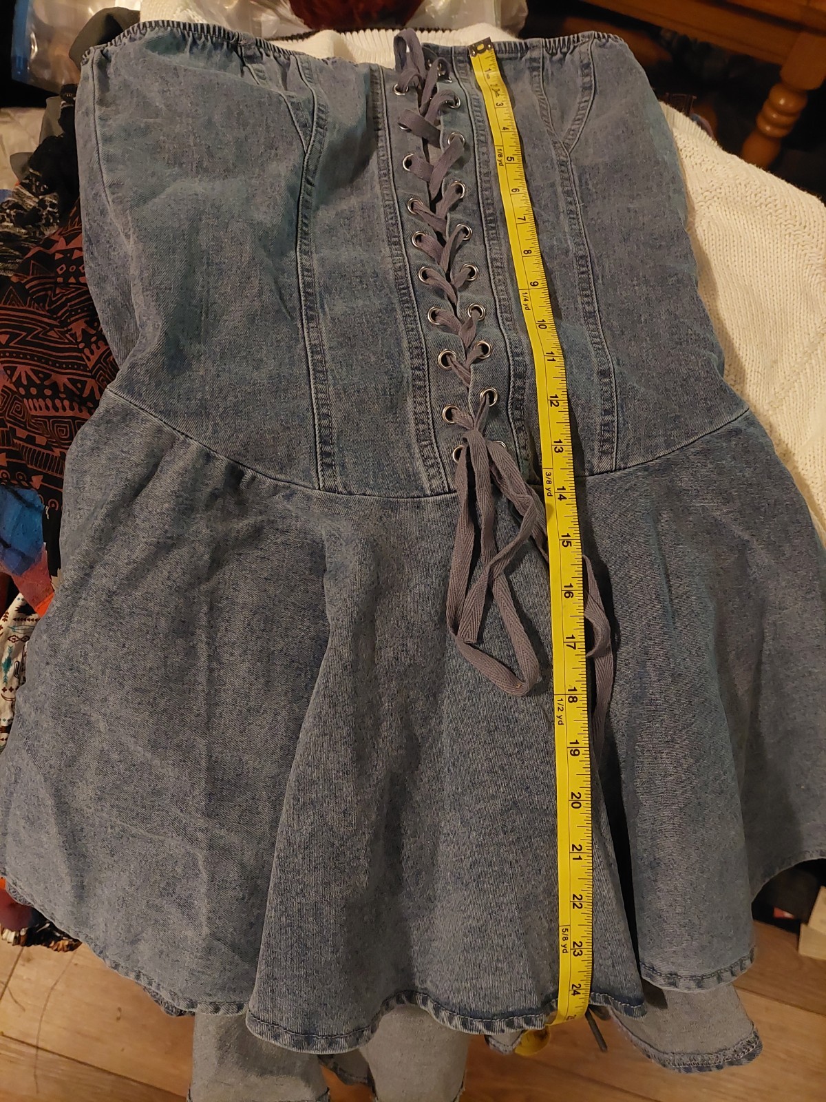 Women’s Blue Denim Strapless Corset Mini Dress Lace-Up Front Zip Back M