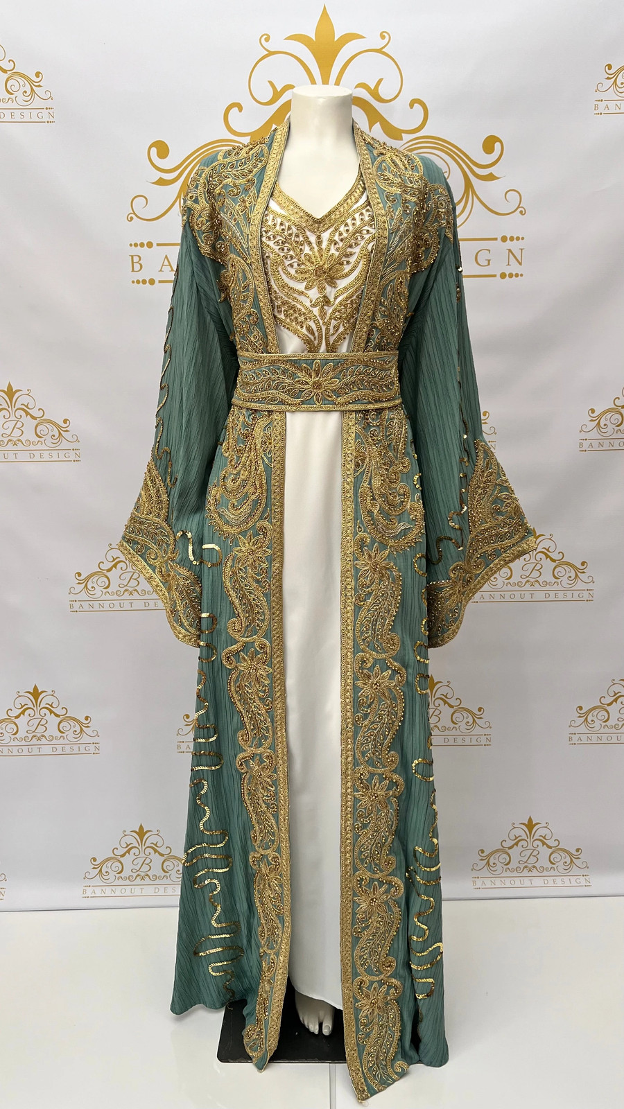Kaftan Caftan Abaya Dress Golden Embroidery & Beads Paisley Design Long Sleeve