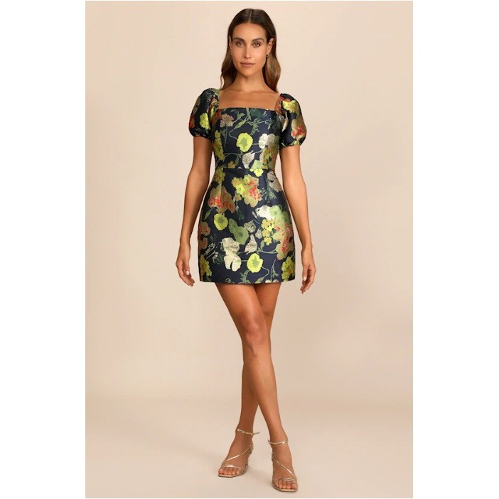 Lulus Navy Blue Gold Floral Brocade Jacquard Puff Sleeve Mini Dress Small