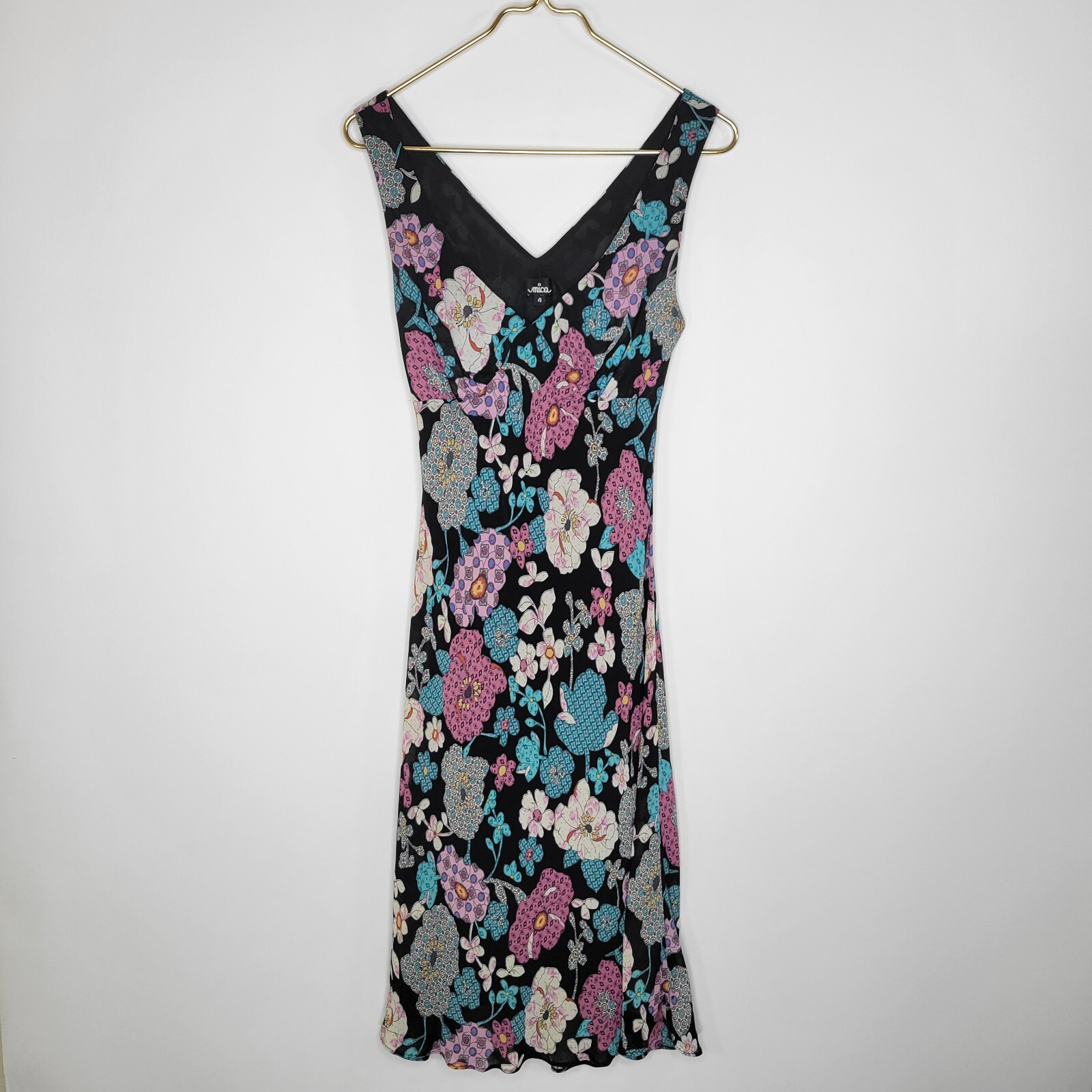 Vintage MICA Patchwork Dark Floral Dress Size 4 Sleeveless 90s Fairy Grunge