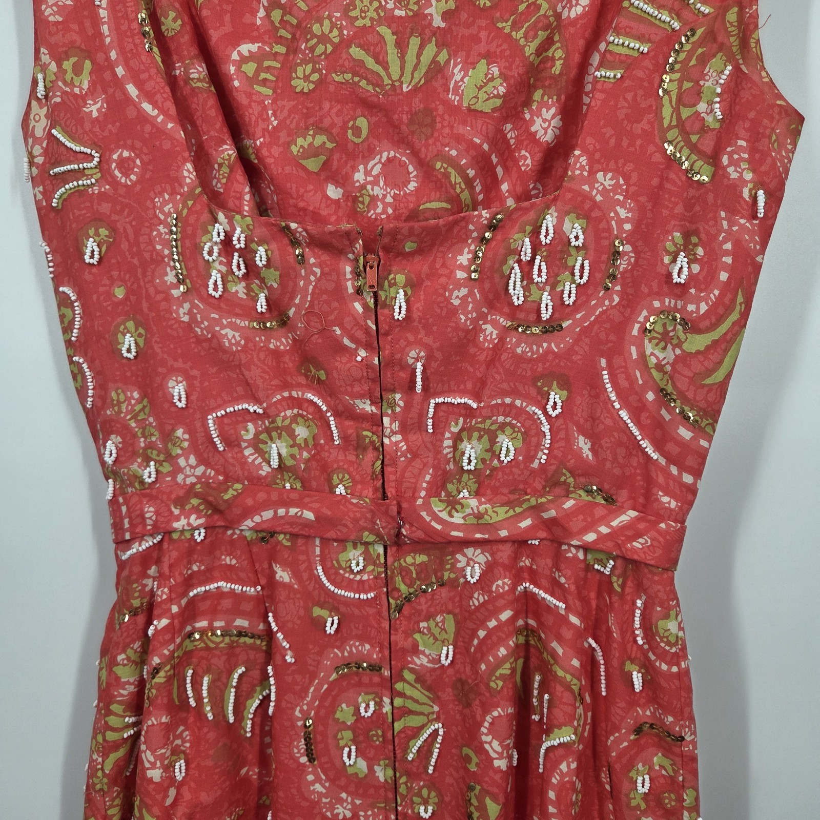 VTG 1960s Handmade Floral Dress with Bow Waist Fully Lined MadMen Beaded Wiggle