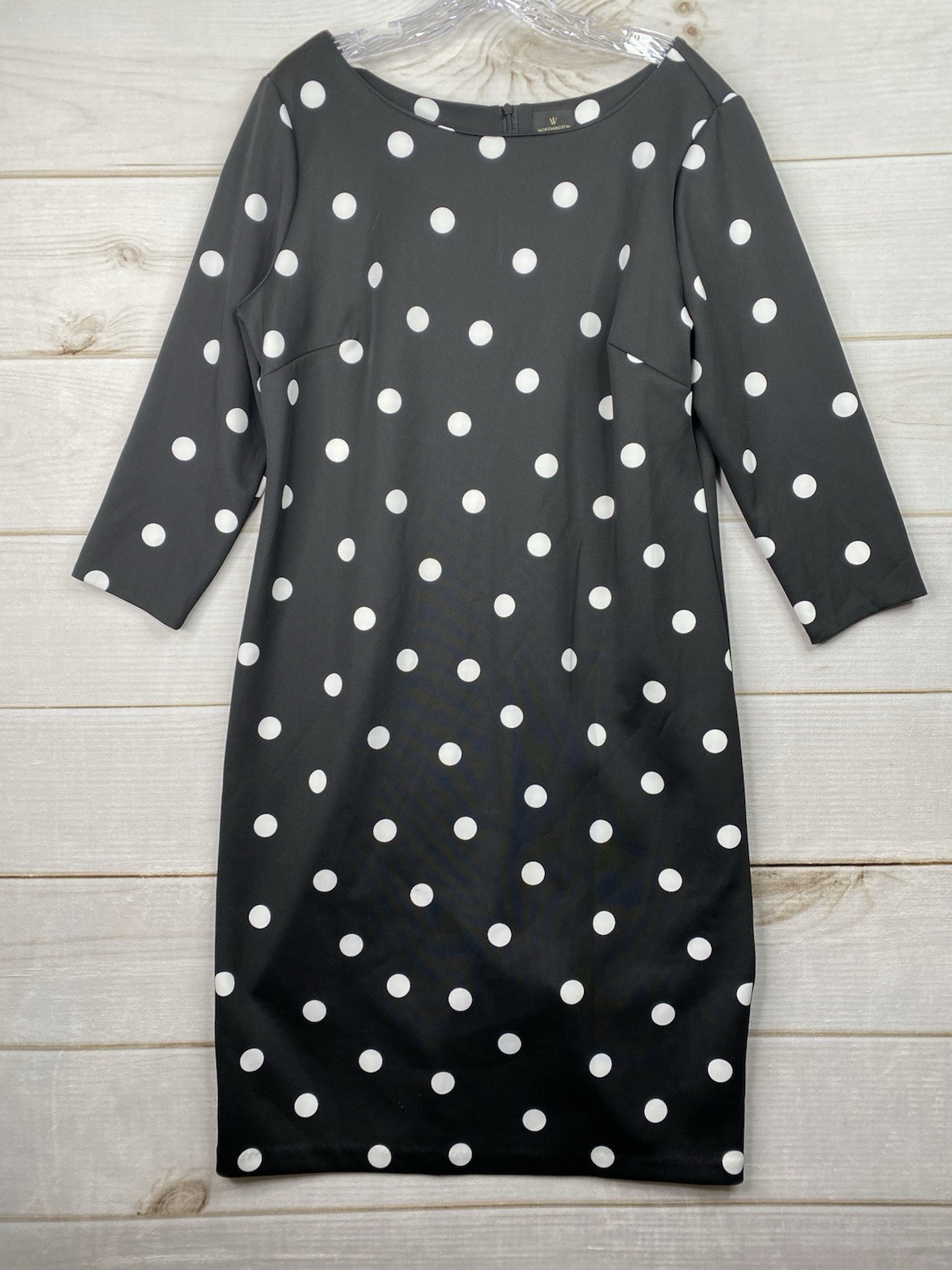 Worthington Dress Sz 16 Black Polka Dot Stretch 3/4 Sleeve Knee Length Career