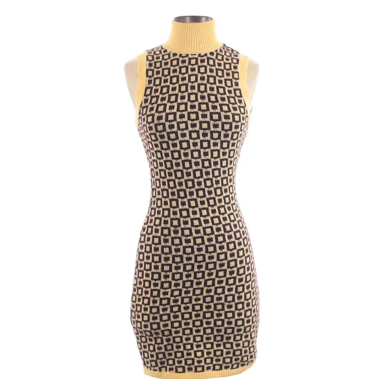Zara Turtleneck bodycon Sweater Dress Geometric Design brown yellow Wool Sz S